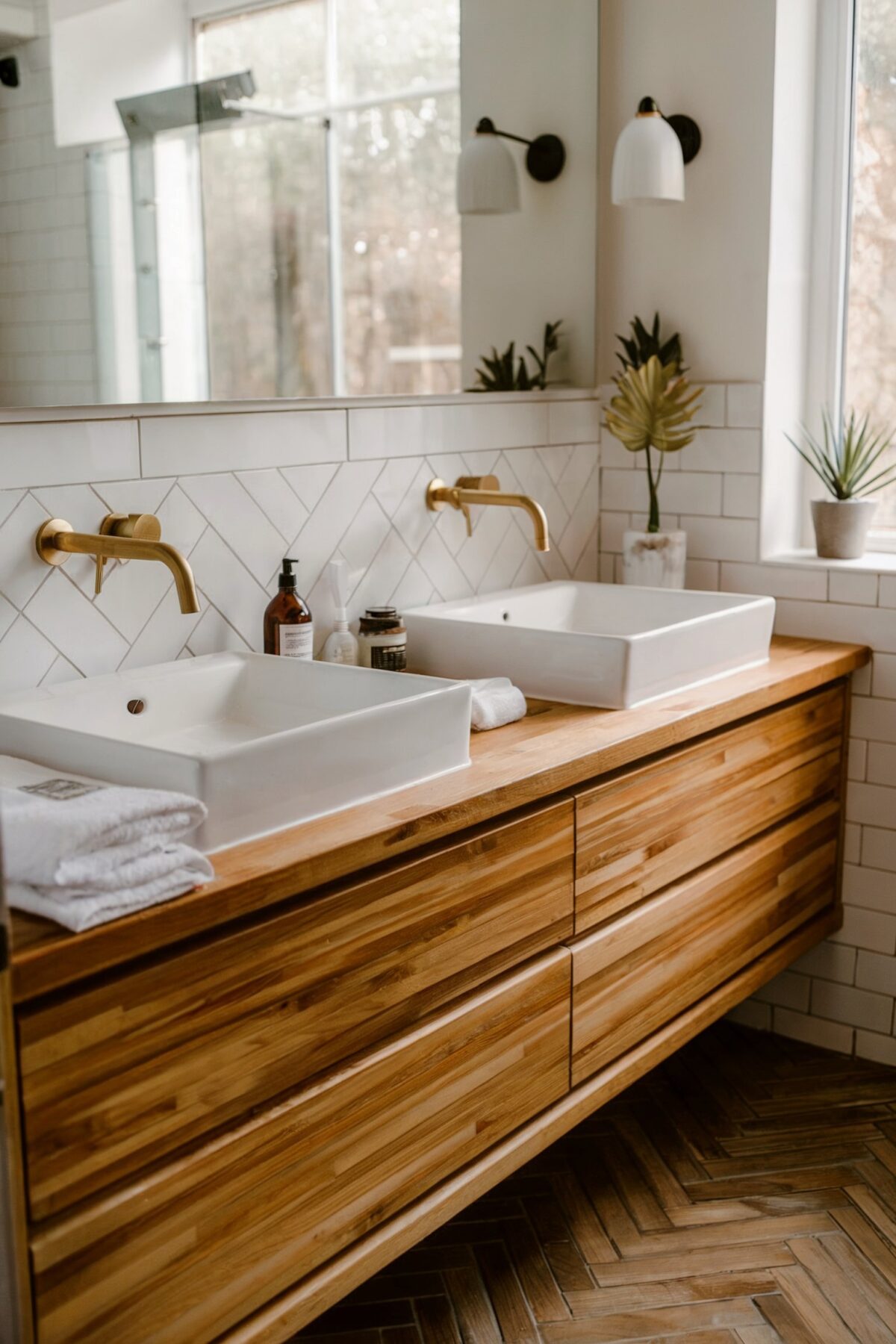 modern bathroom ideas luxury tile with a herringbone patterned wooden tile floor
