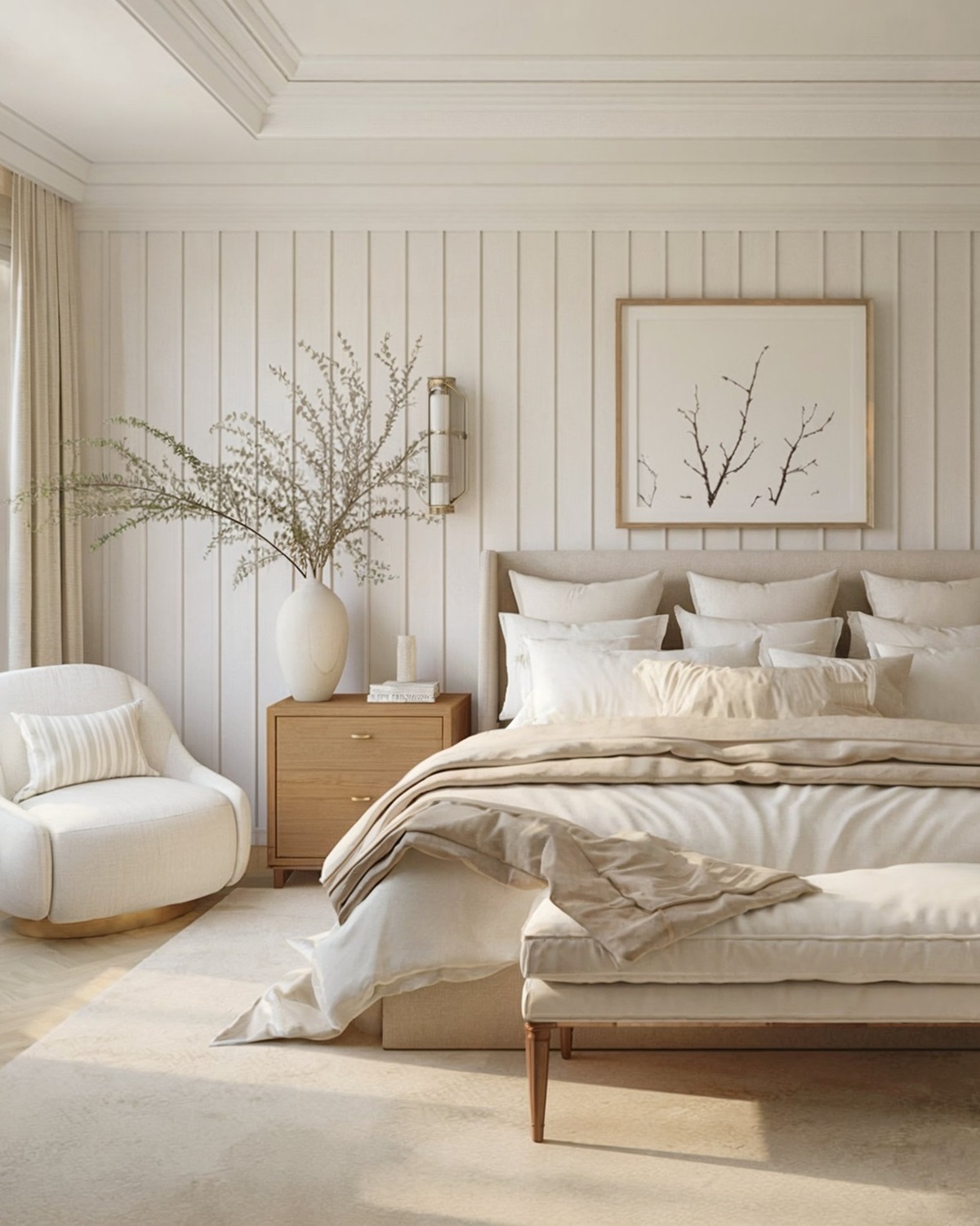 modern bedroom design aesthetic serene bedroom setting large bed, multiple pillows, and a plush white chair