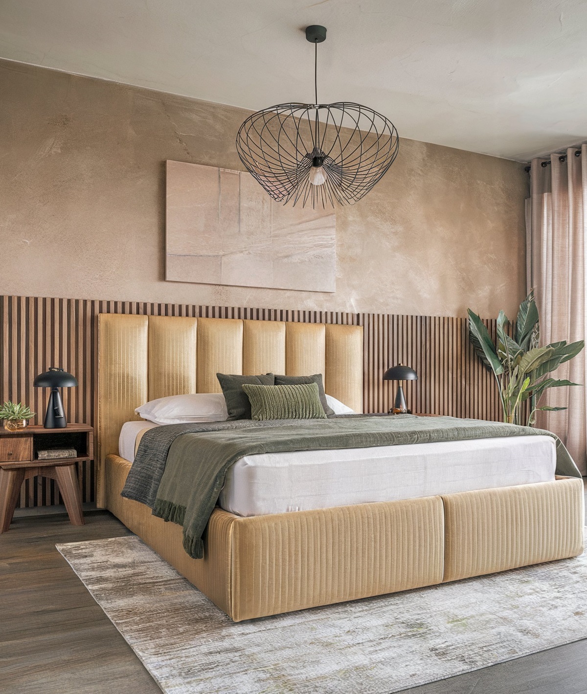 modern bedroom design gold gold upholstered headboard and a green throw blanket