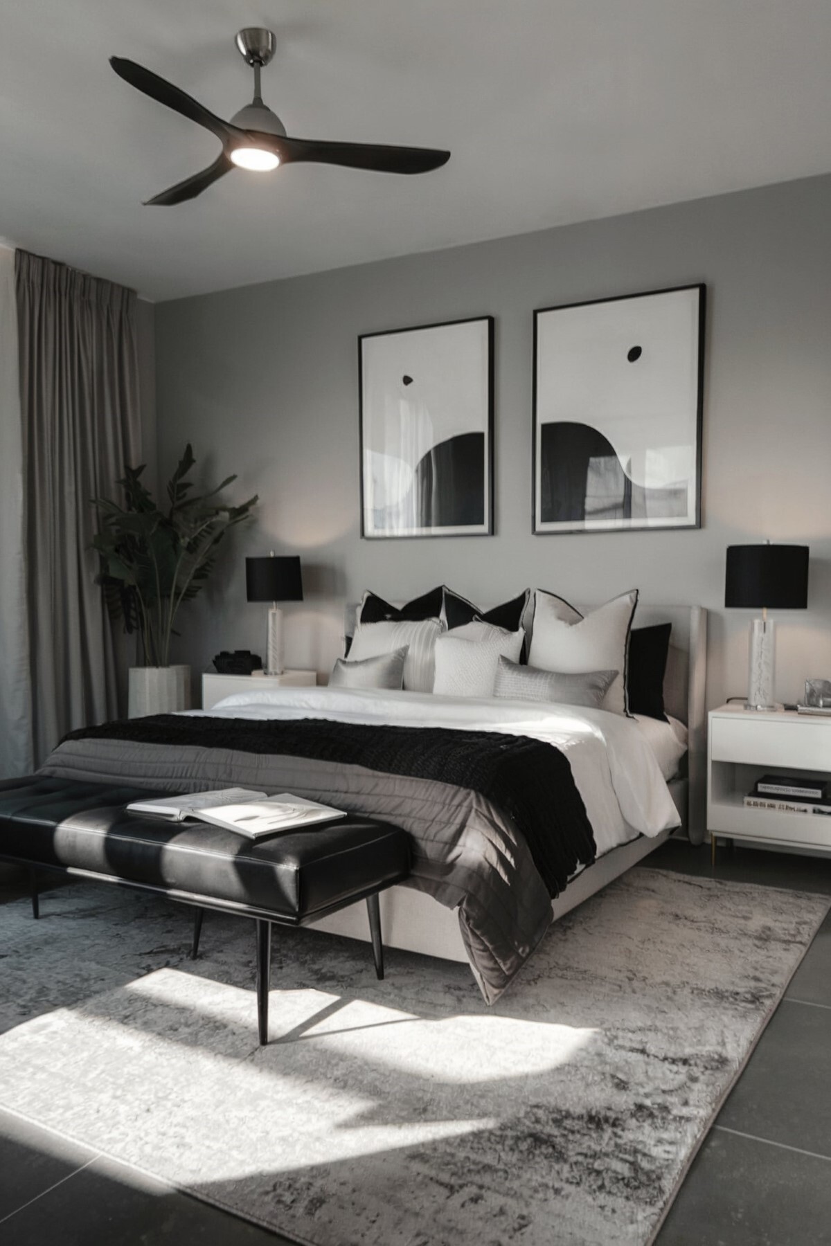 modern bedroom ideas black and white room contains king sized bed, adorned with black, white, and gray bedding
