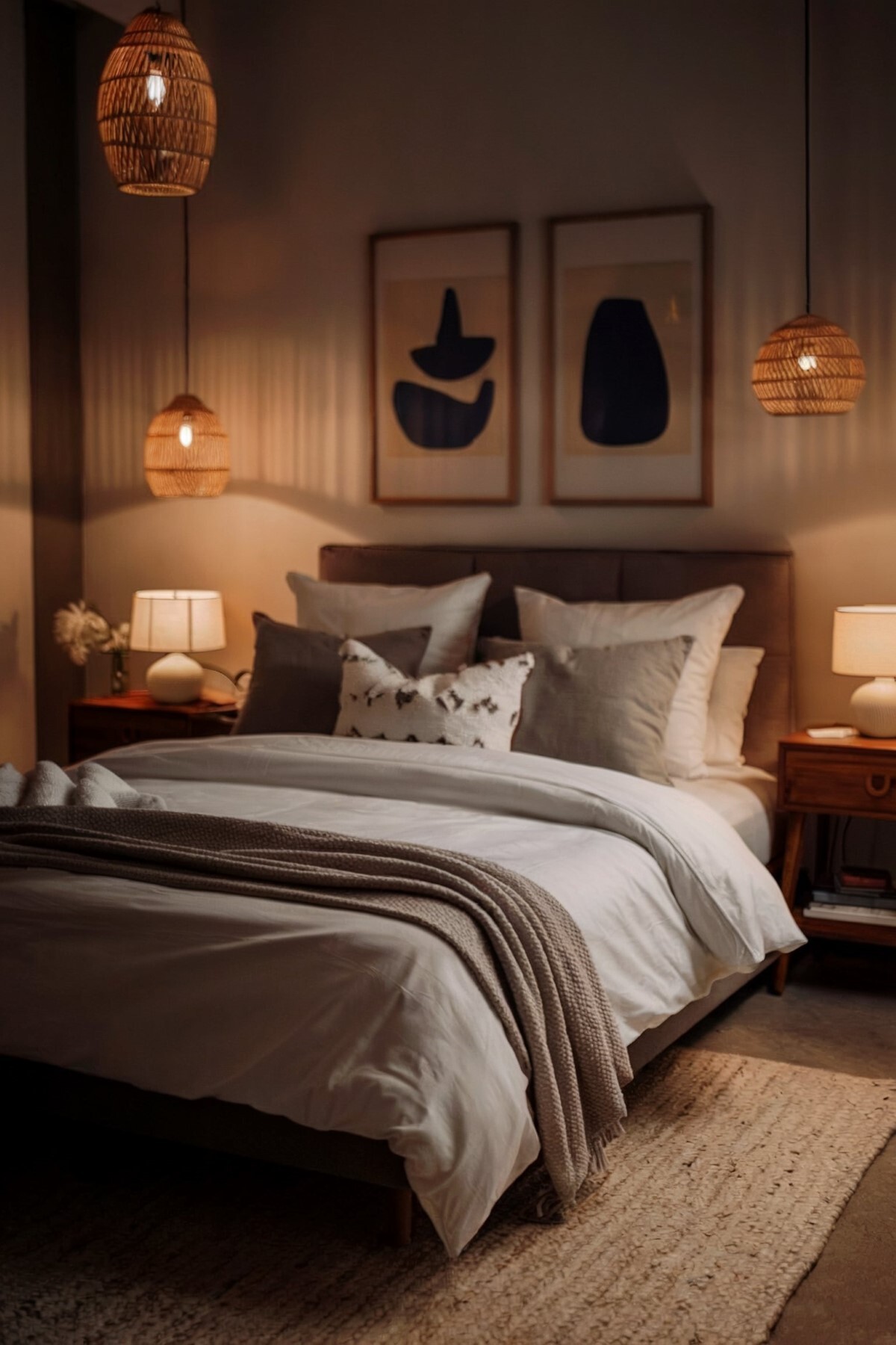 modern bedroom ideas for couples neatly made bed with room illuminated by woven pendant lights