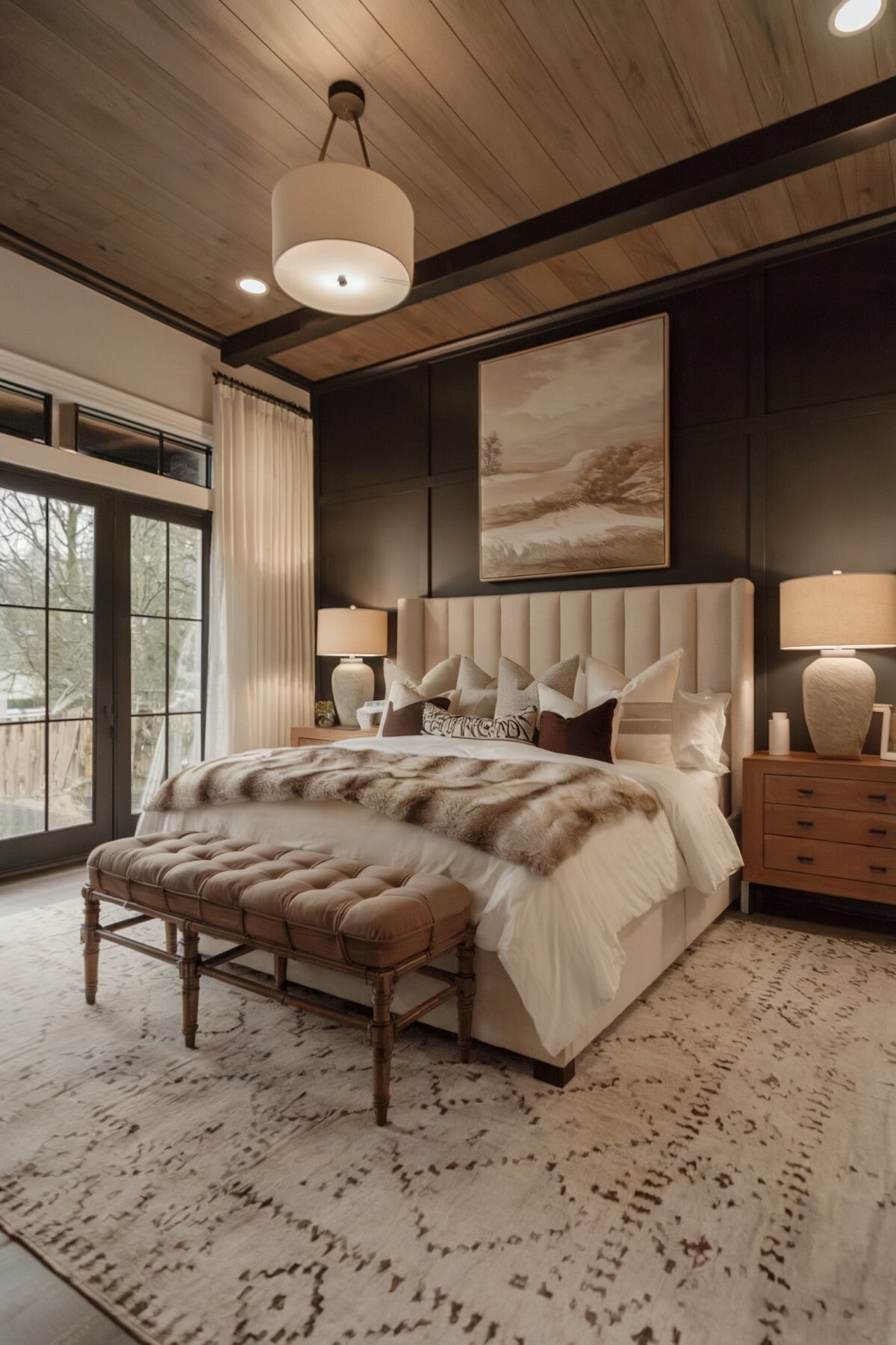modern bedroom ideas high ceiling cozy bedroom adorned with white linens, beige pillows and featuring an artwork