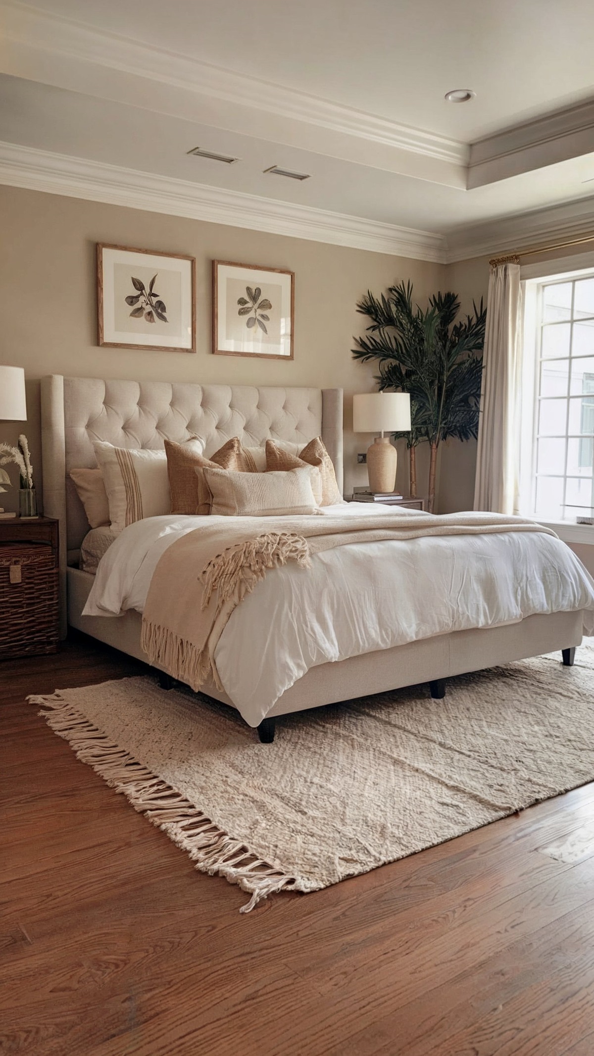 modern bedroom ideas king bed wooden flooring with beige, white, and brown tones dominating the space
