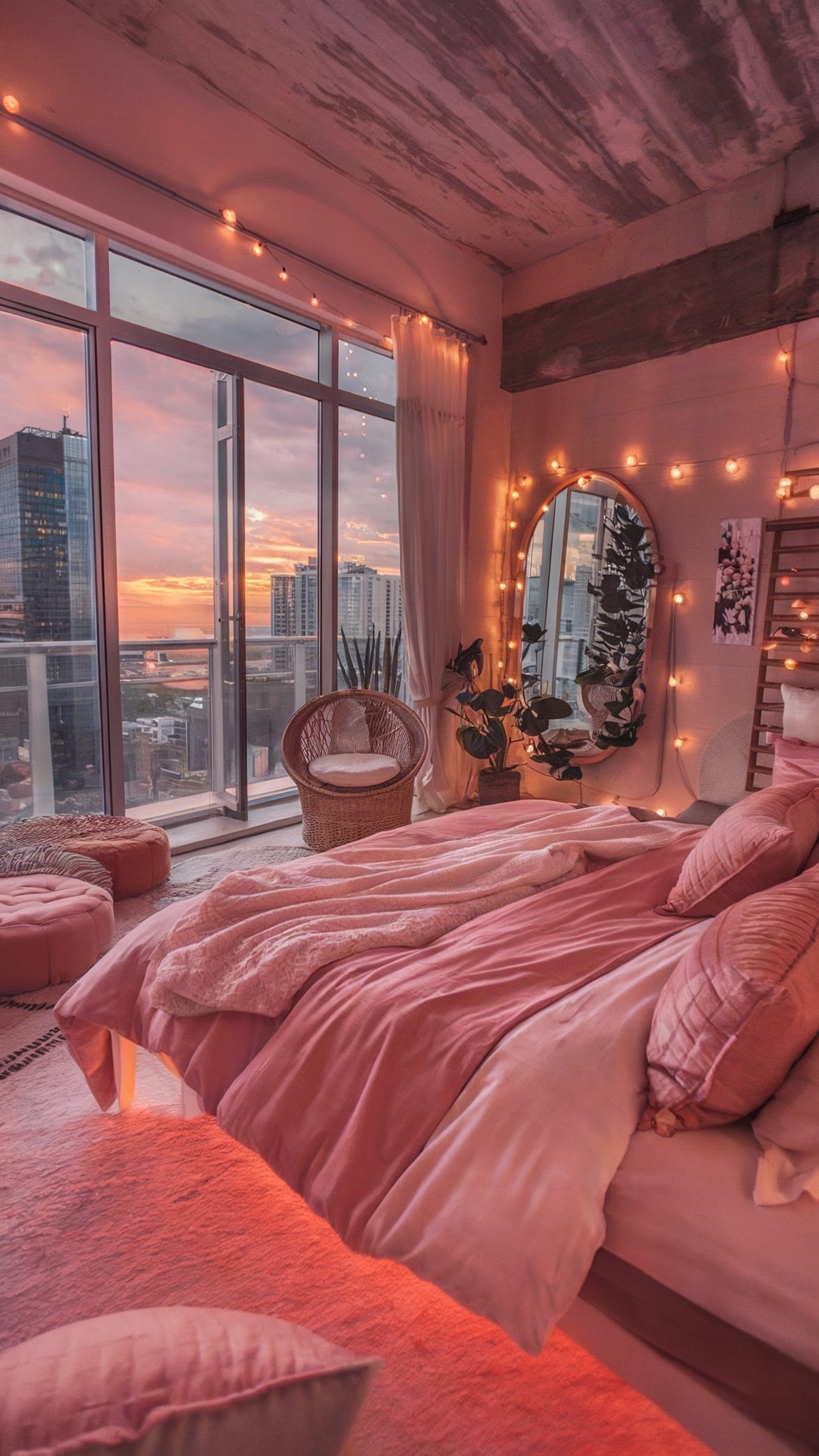 modern bedroom ideas pink modern aesthetic design cityscape view and bed adorned with soft pink