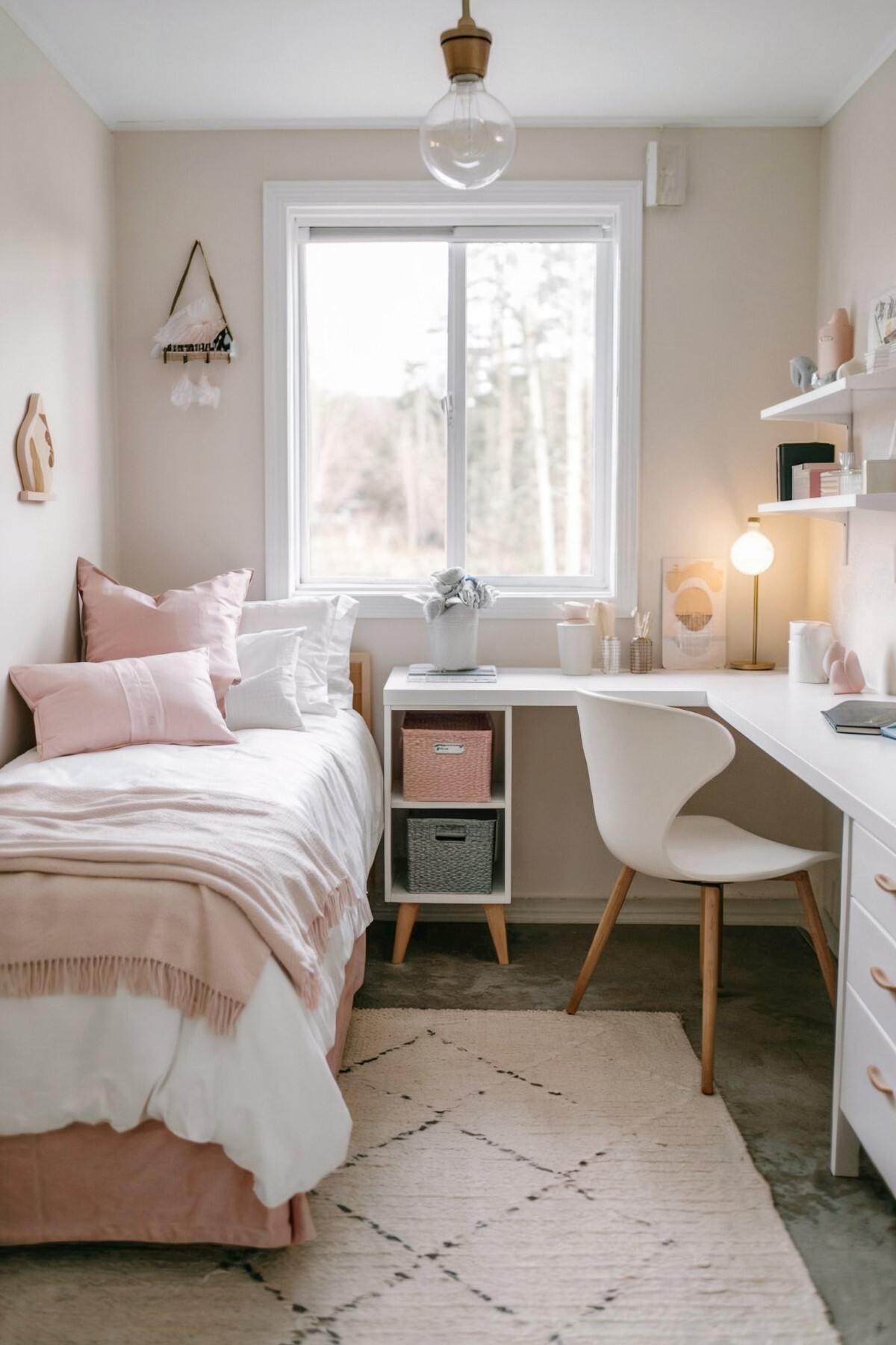 modern bedroom ideas teen small cozy bedroom with textured rug floor featuing a workspace