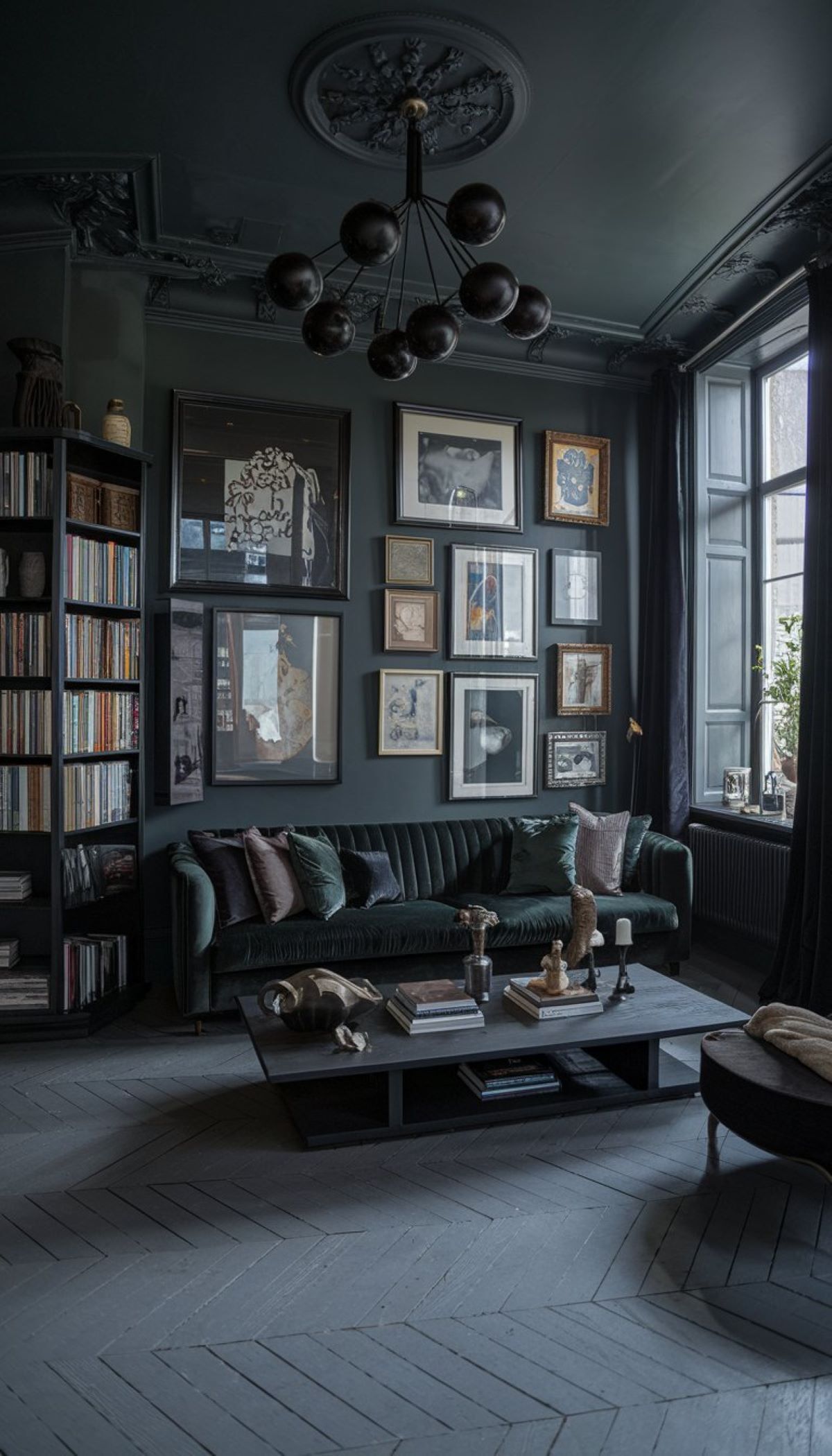 modern dark academia living room decor sophisticated