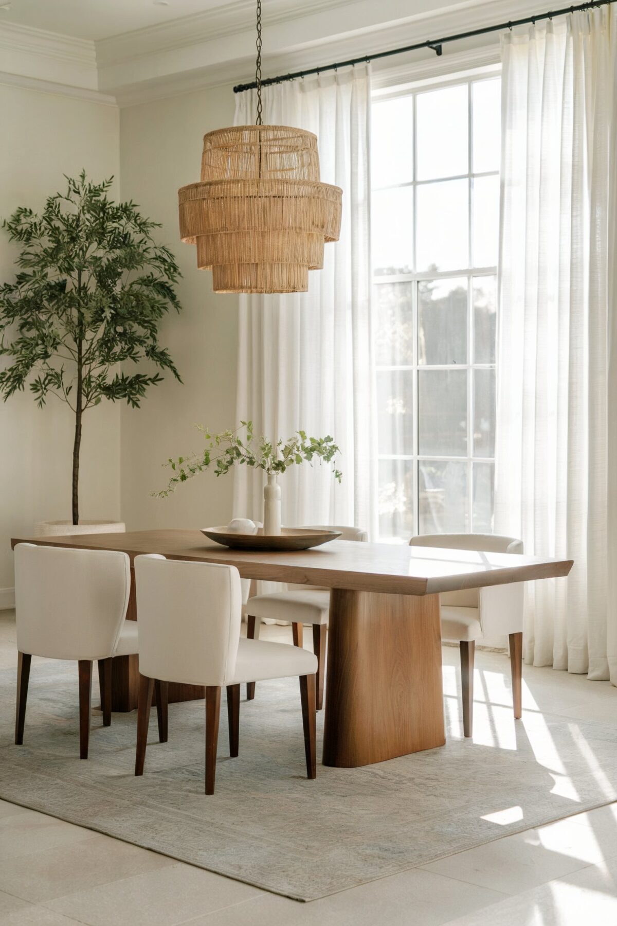 modern eclectic dining room ideas white and brown furniture plants large window white wall