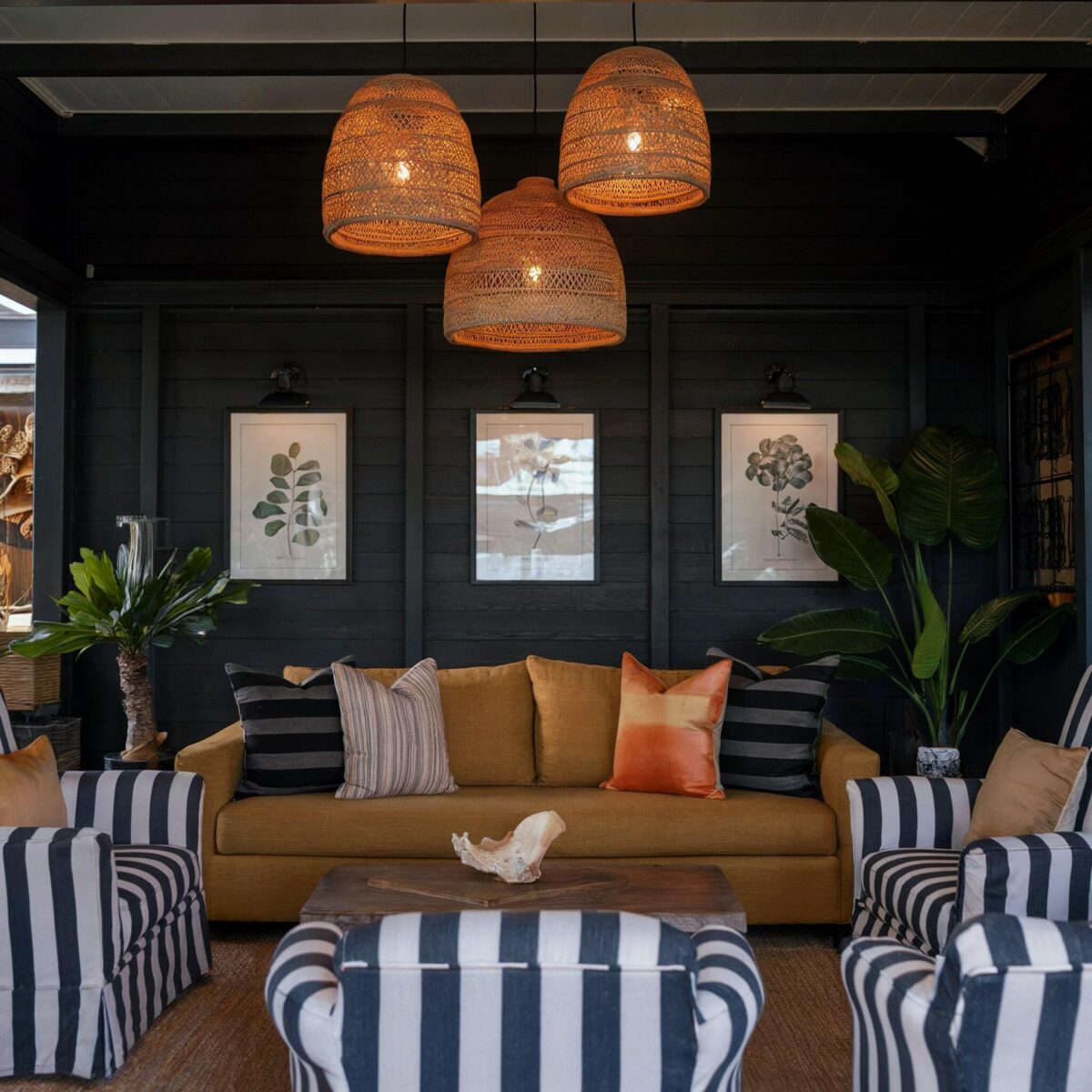 modern eclectic living room design dark grey wall yellow couch