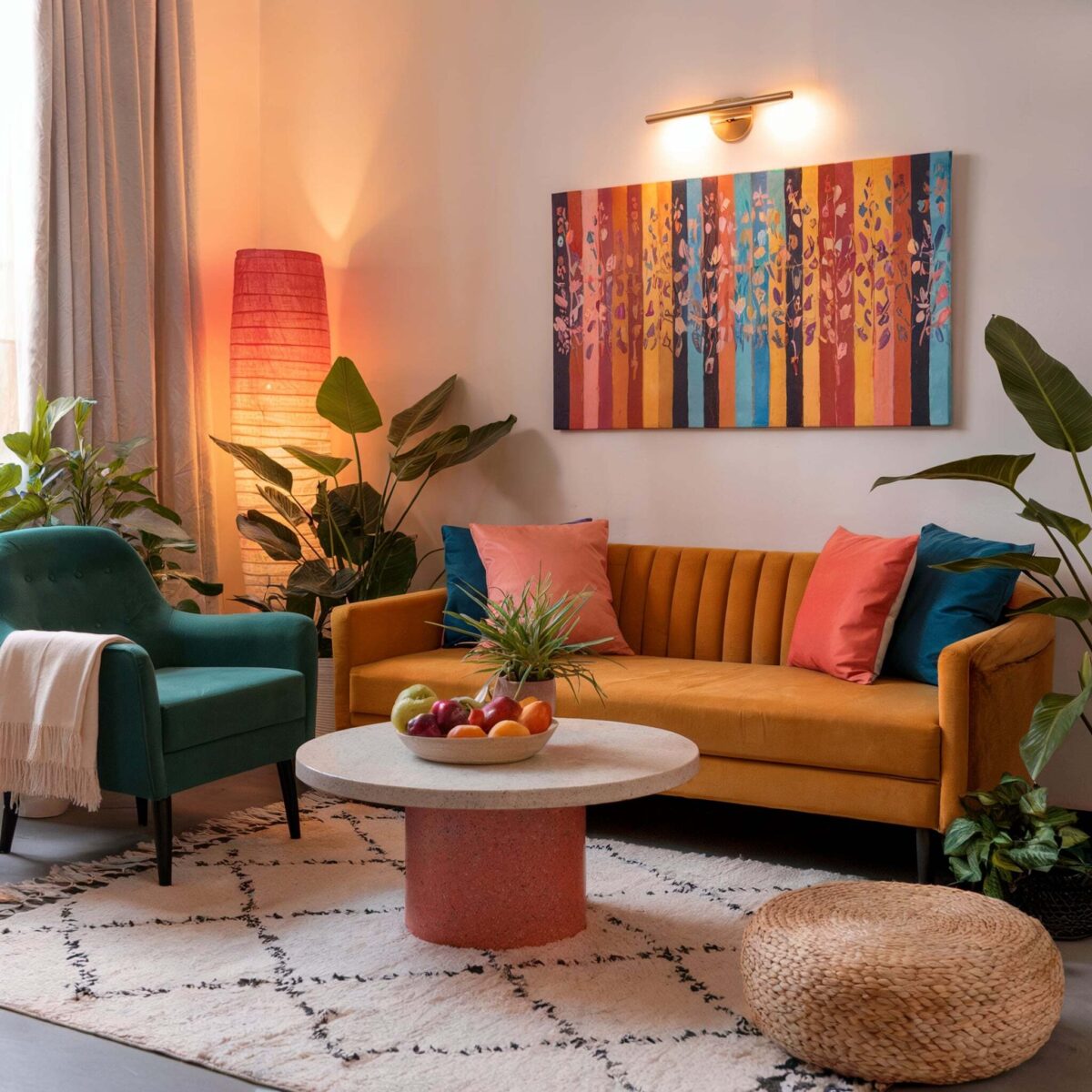 modern eclectic living room design vibrant color theme