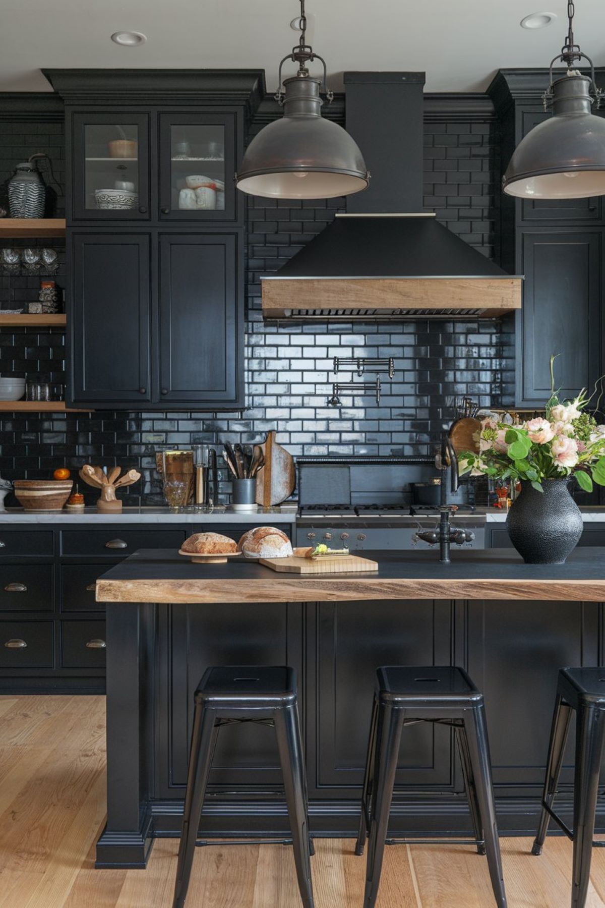 modern farmhouse style kitchen with an all black touch