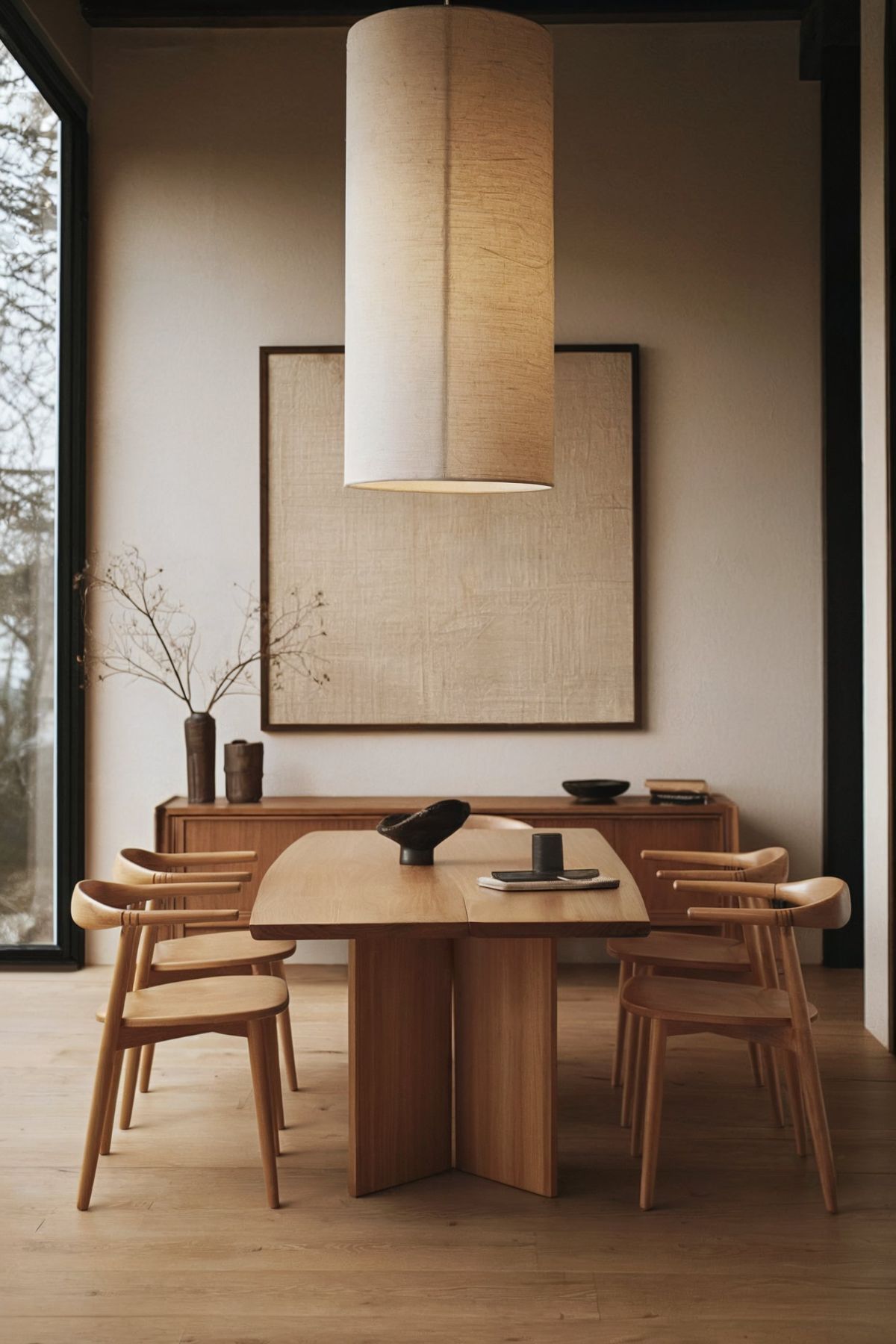 modern japandi dining room ideas brown chair big wall frame