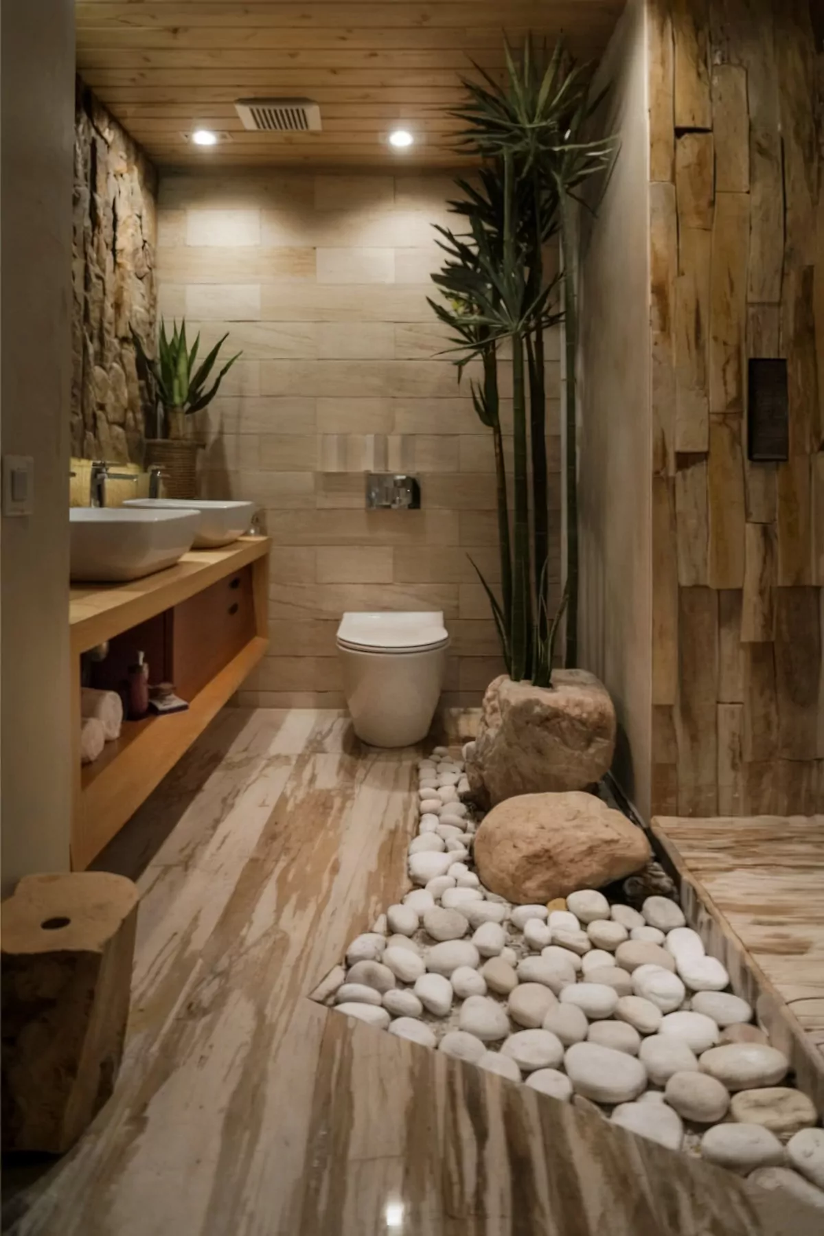 modern japanese bathroom decor with white marbles on floor