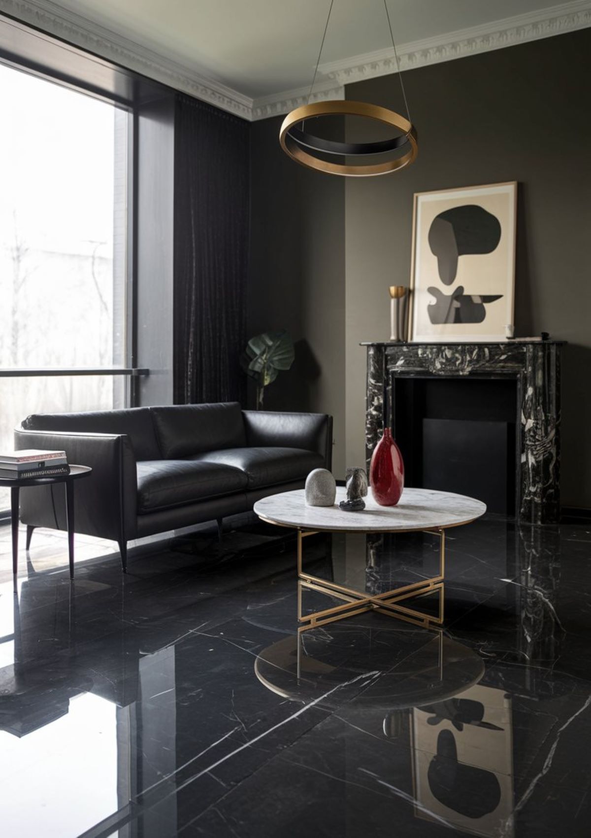 modern living room decor dark floor glossy black marble