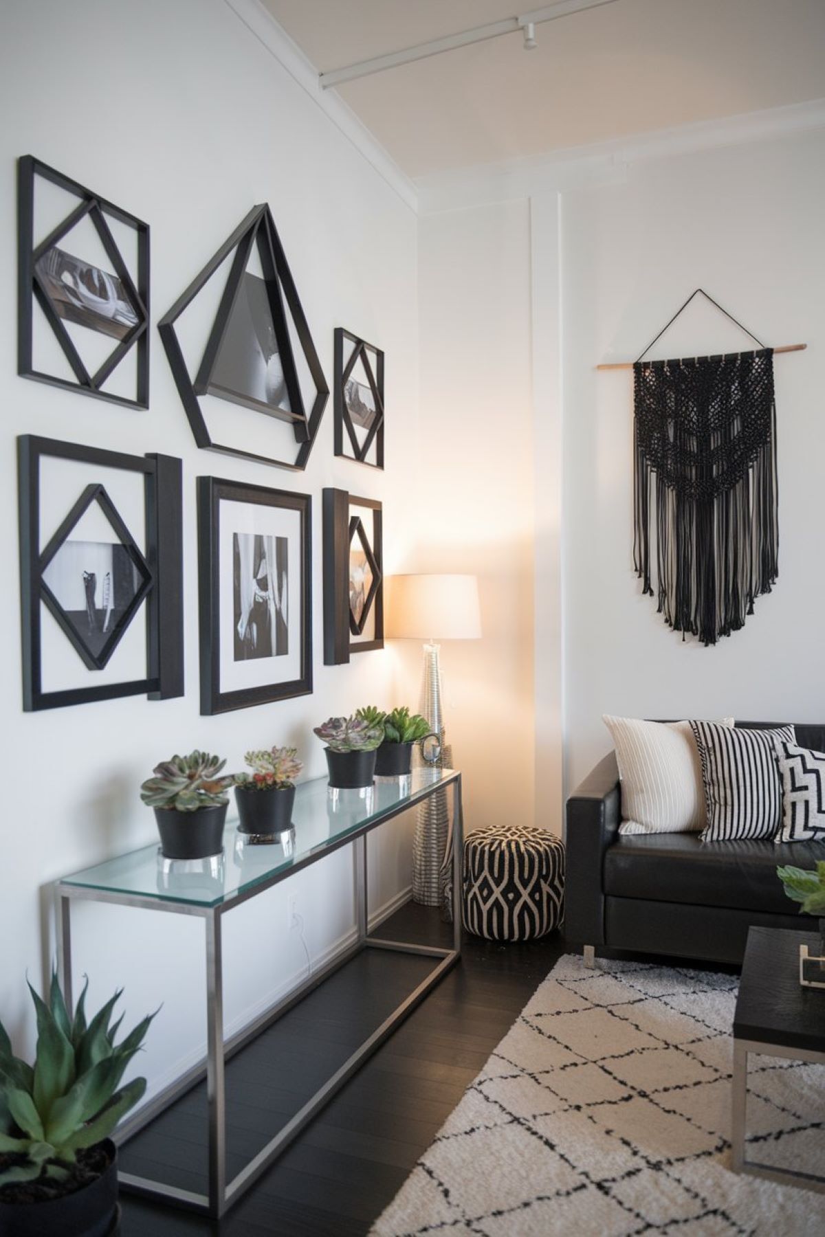 modern living room with a striking DIY wall decor project in black and white