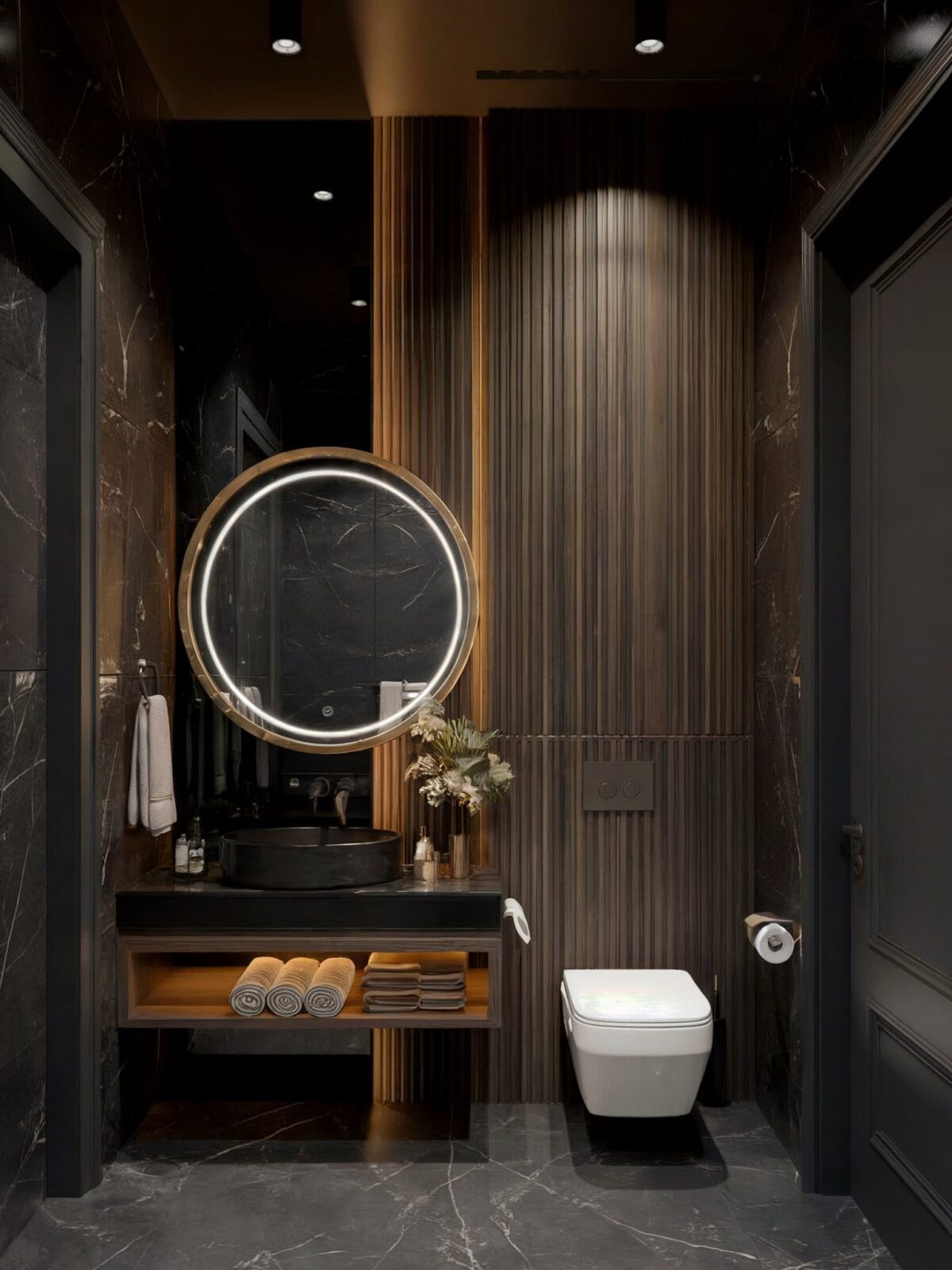 modern luxury bathroom design black tile with wooden panel that extends vertically to the left of the mirror