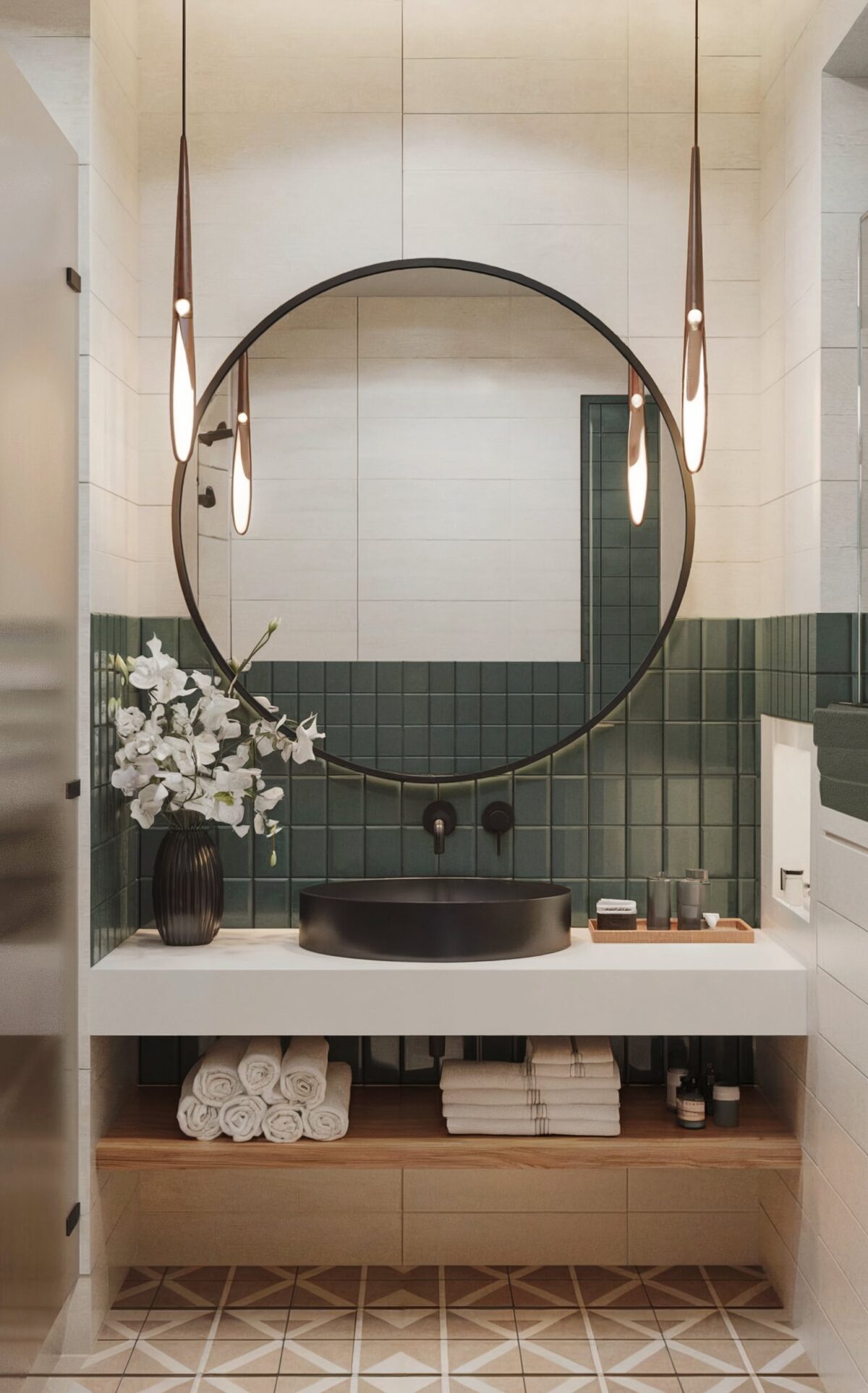 modern luxury bathroom small tile with a geometric patterned for tile in shades of brown and beige