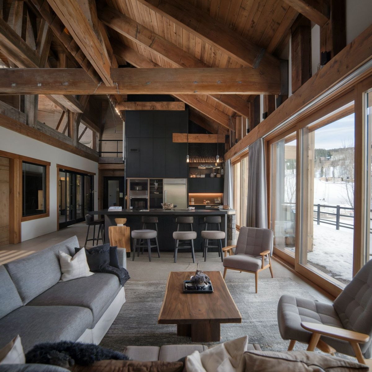 modern minimalist open plan kitchen living room d?cor snowy landscape cozy sofa