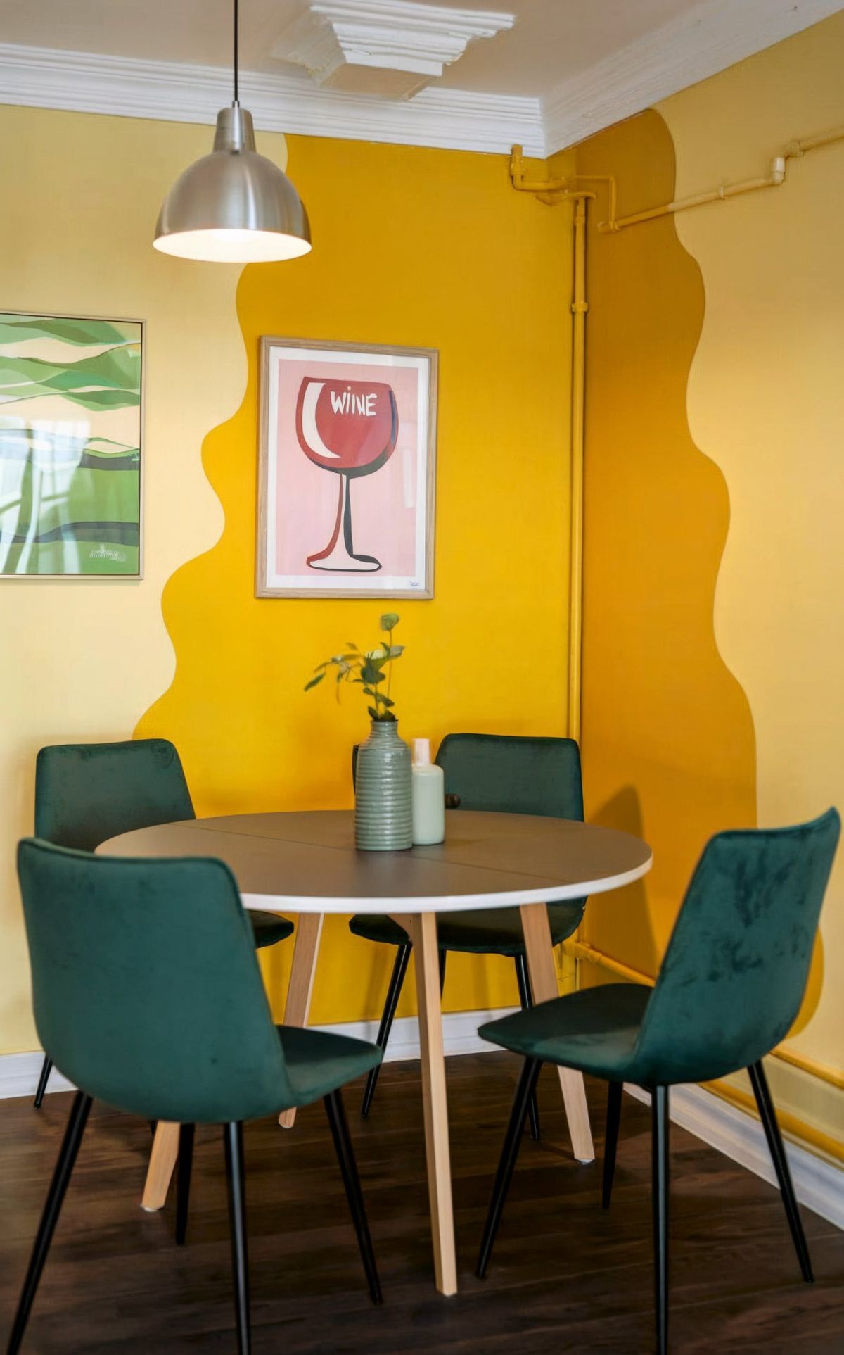 modern painting ideas for dining room yellow wall round table green chair