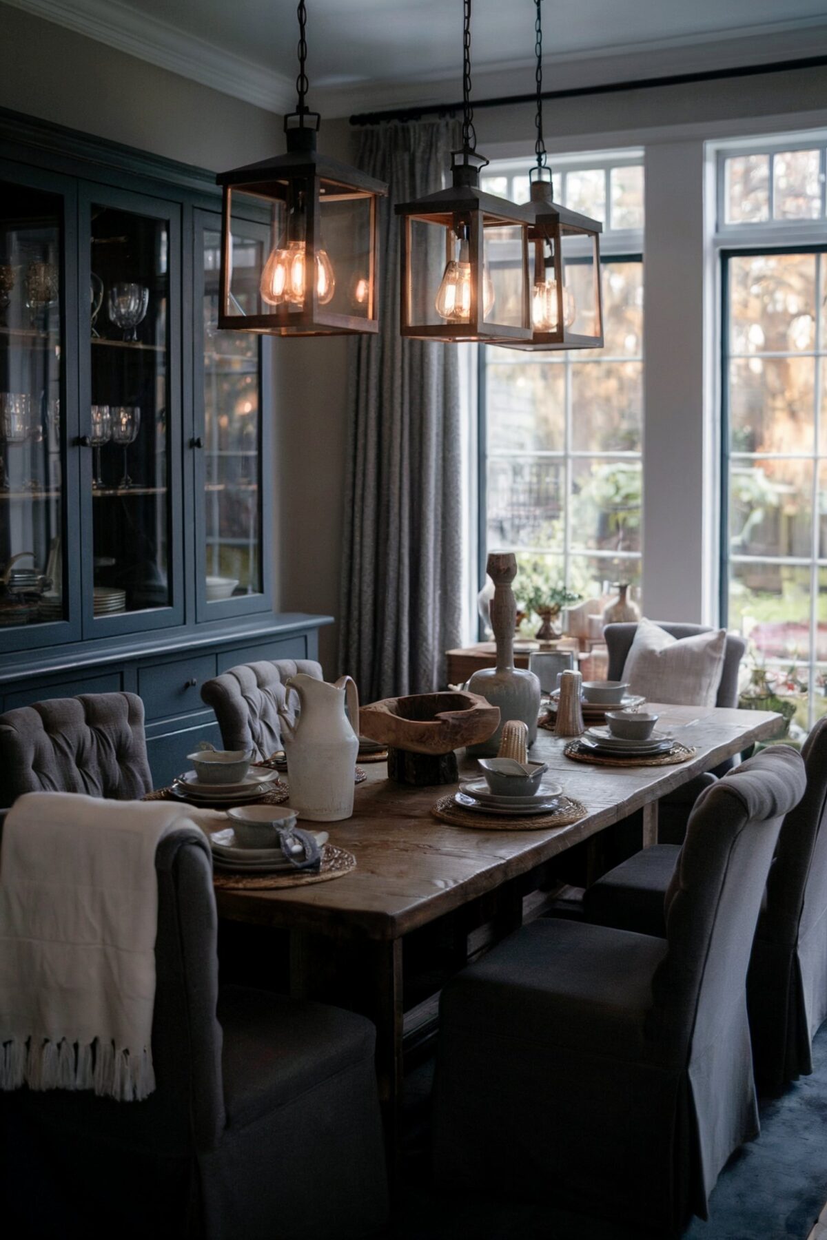 moody dining room ideas eclectic black chairs brown table blue cabinet