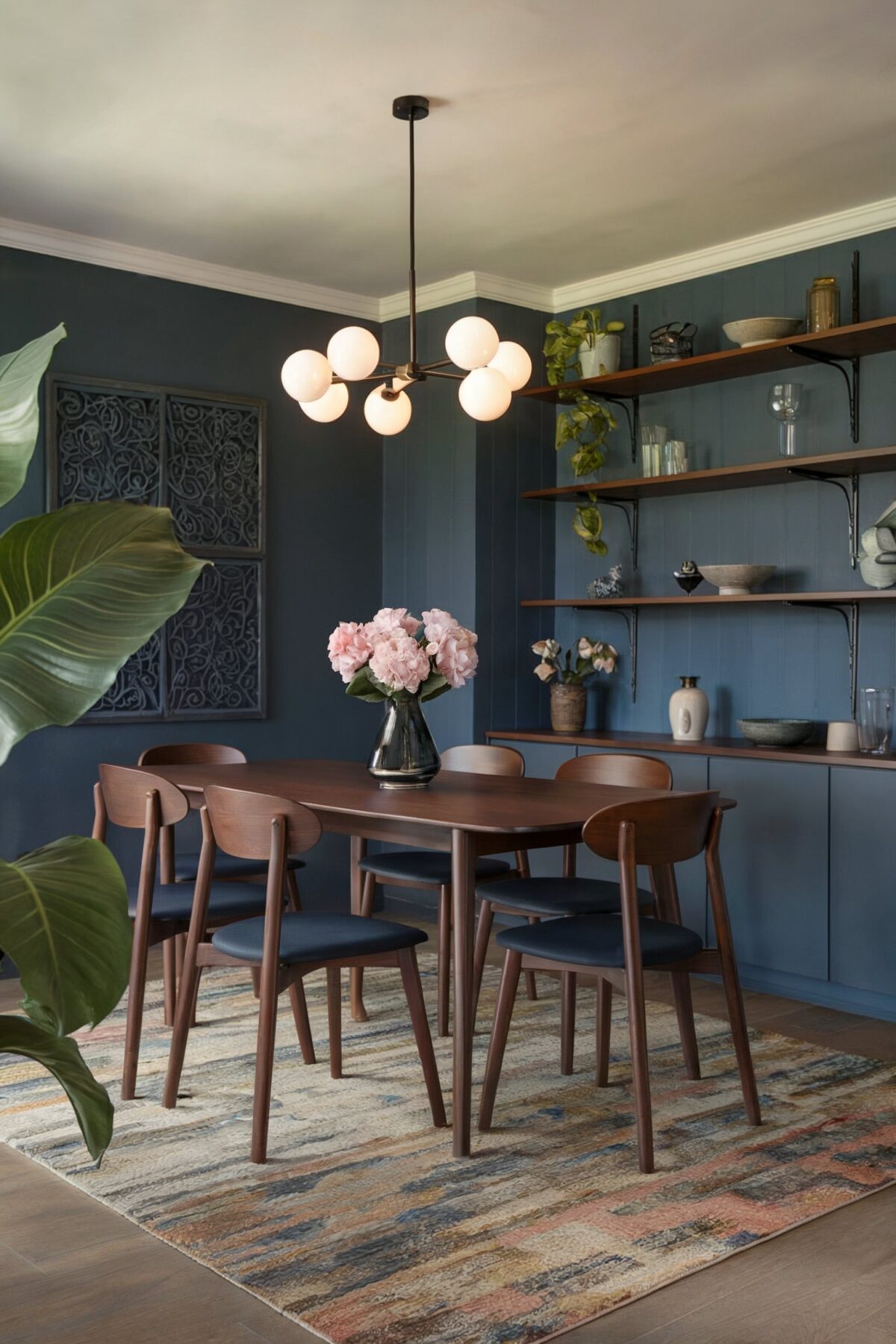 navy blue eclectic dining room brown furniture