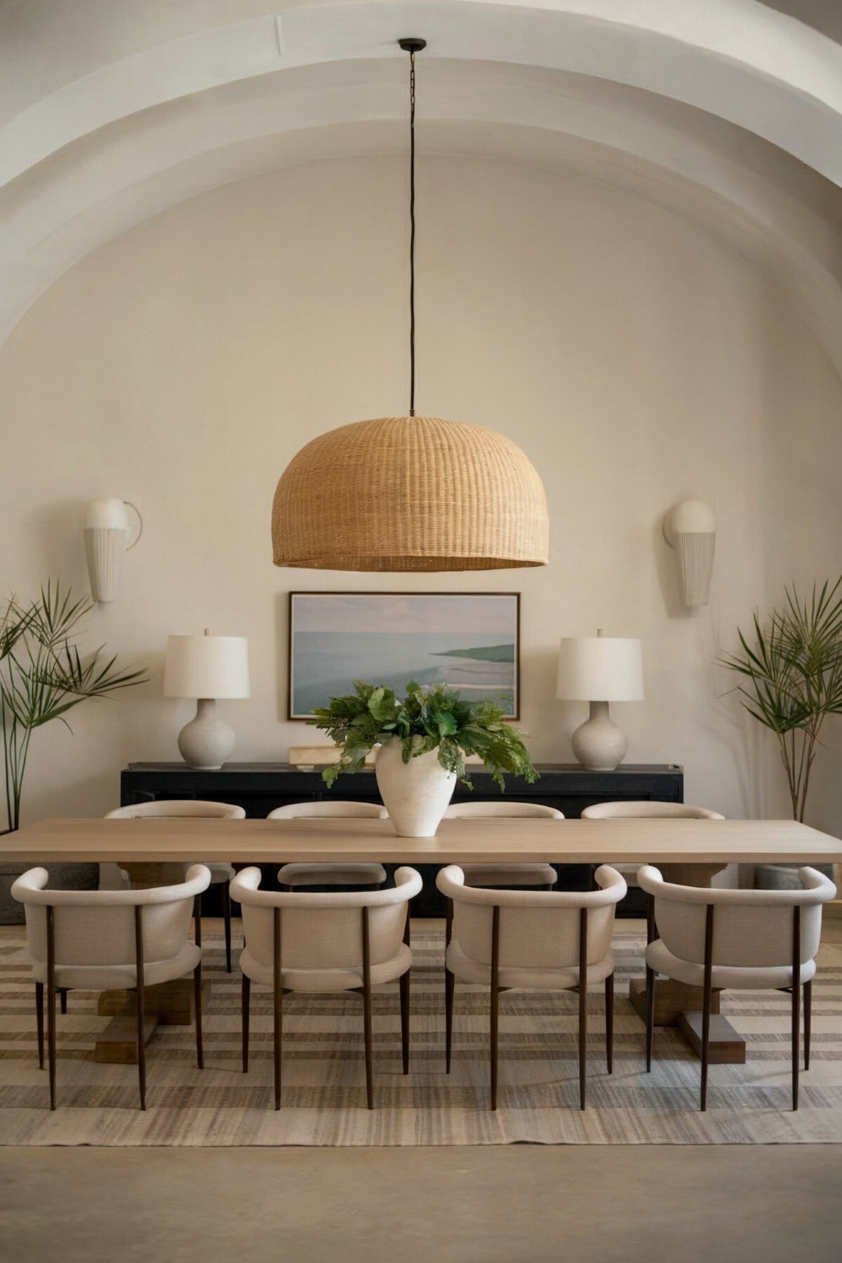 neutral dining room decor modern minimalist dining room with wooden table and floor with striped rug in neutral tones