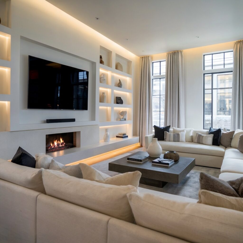 neutral luxurious living room with fireplace