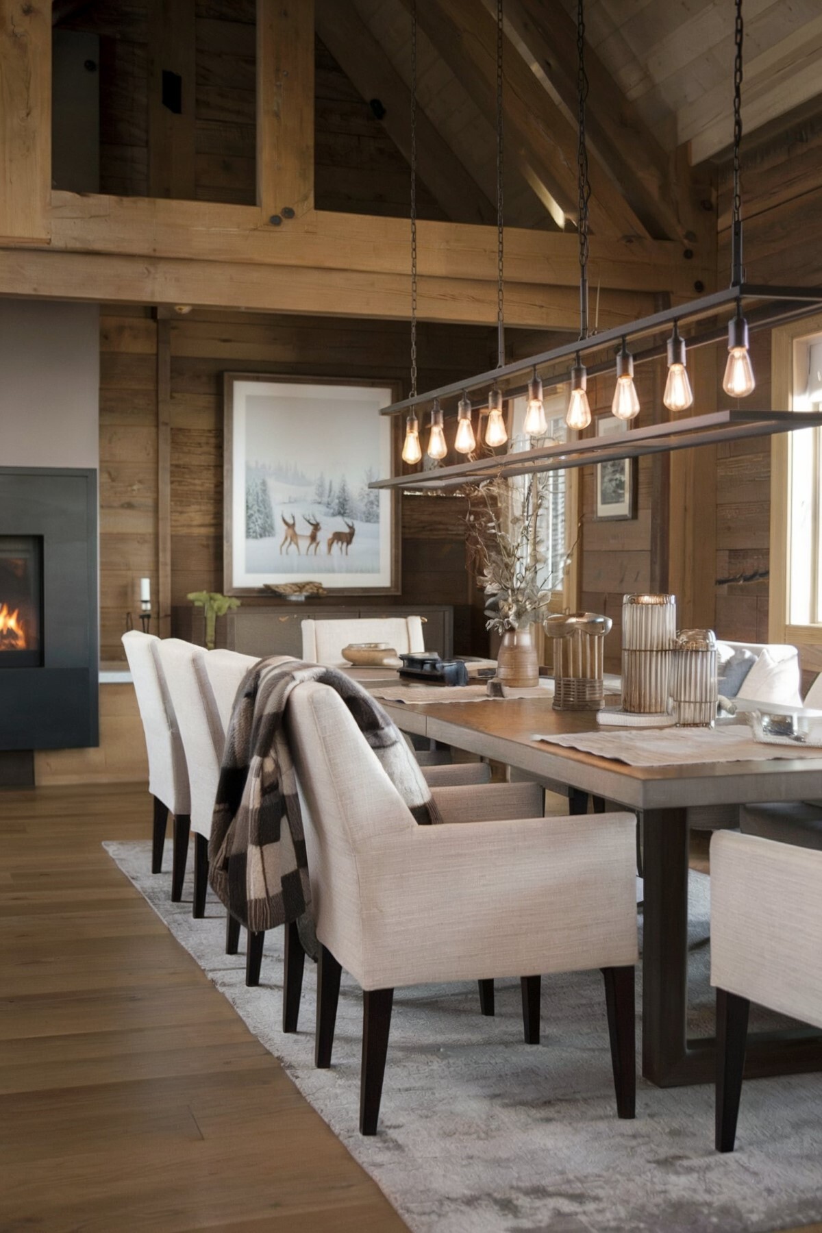 parisian minimalist dining room ideas dining area with a rustic and modern aesthetic, featuring white chairs