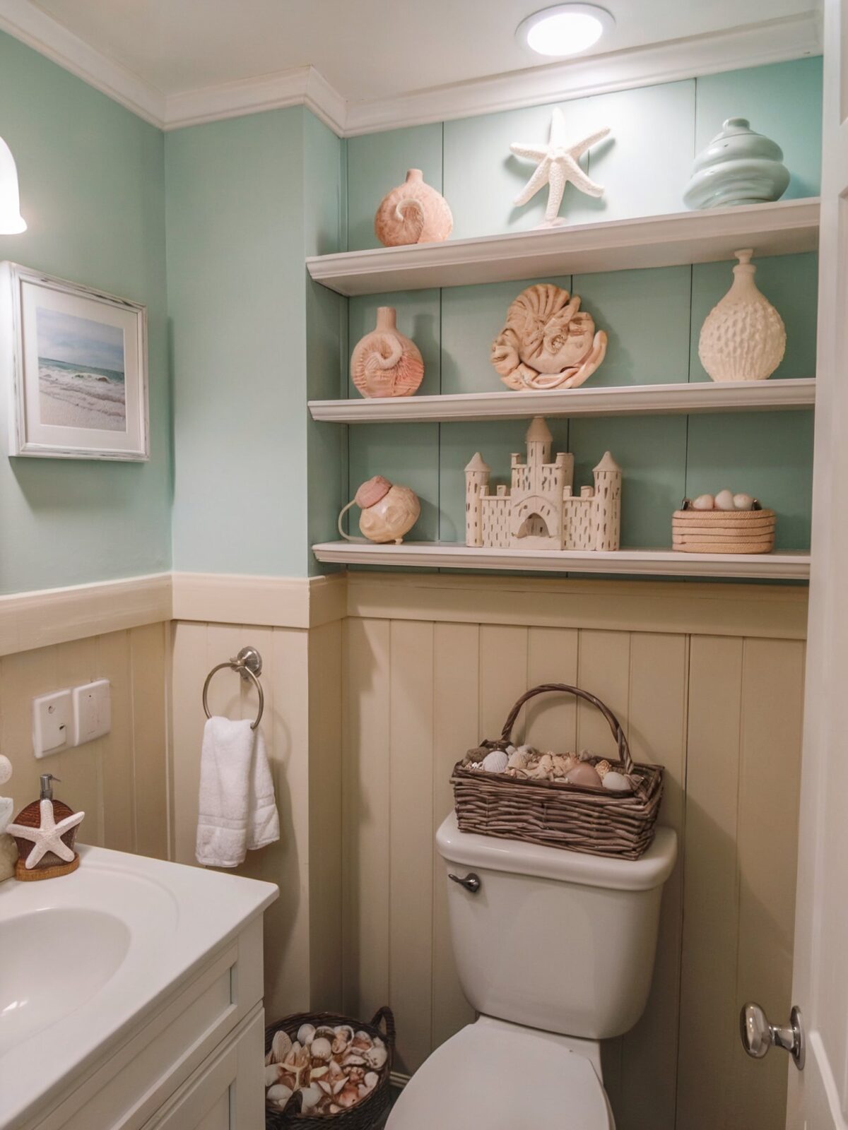 pastel coastal bathroom decor with various seashell themed decorations