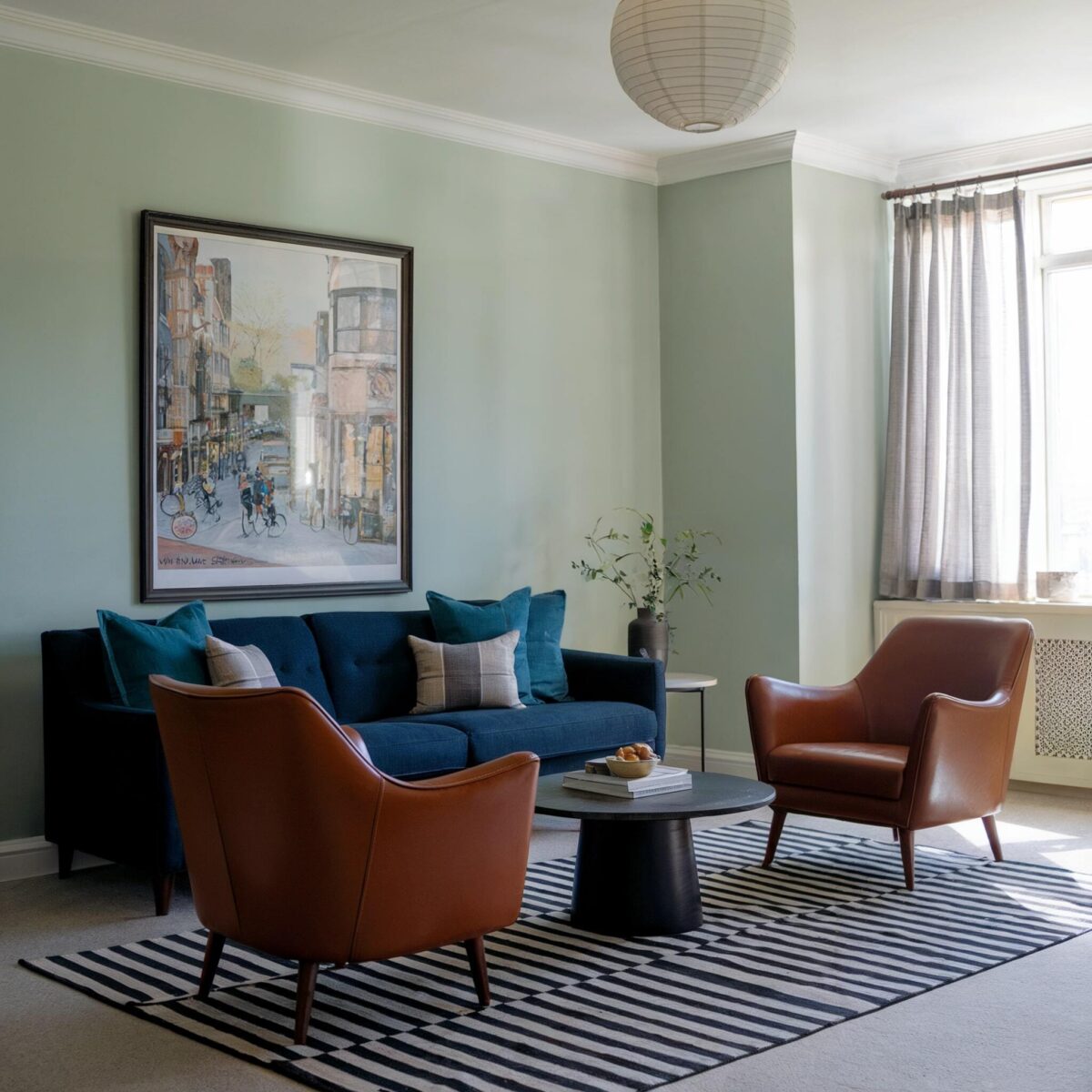 pastel green wall living room decor eclectic blue couch brown chairs