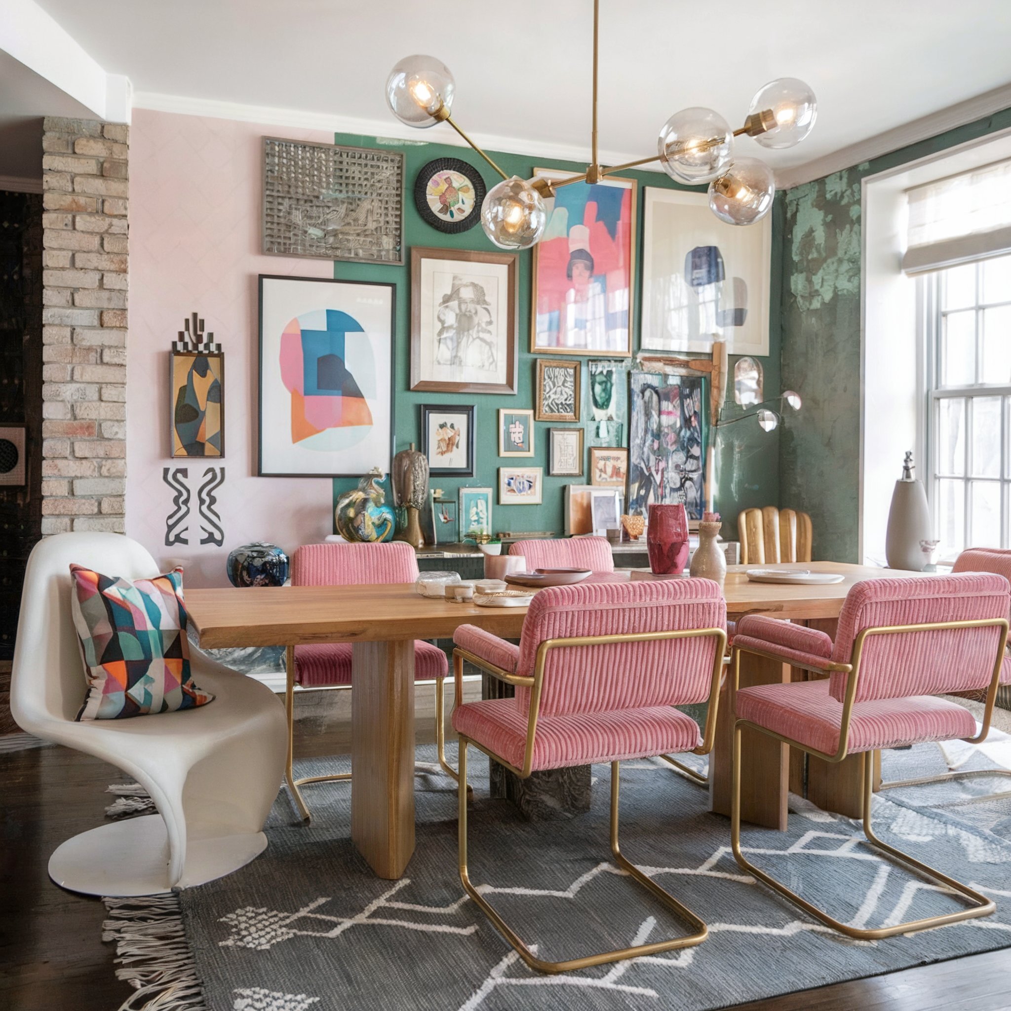 pink dining room decor boho artwork mix pink upholstered chairs