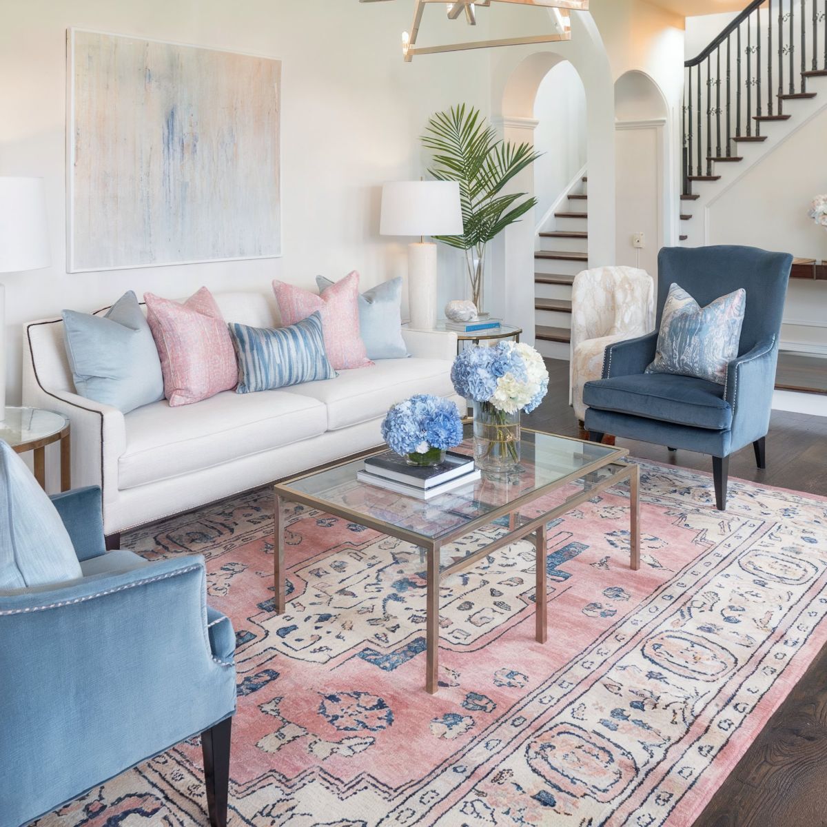 pink modern minimalist living room ideas blue chair centre table