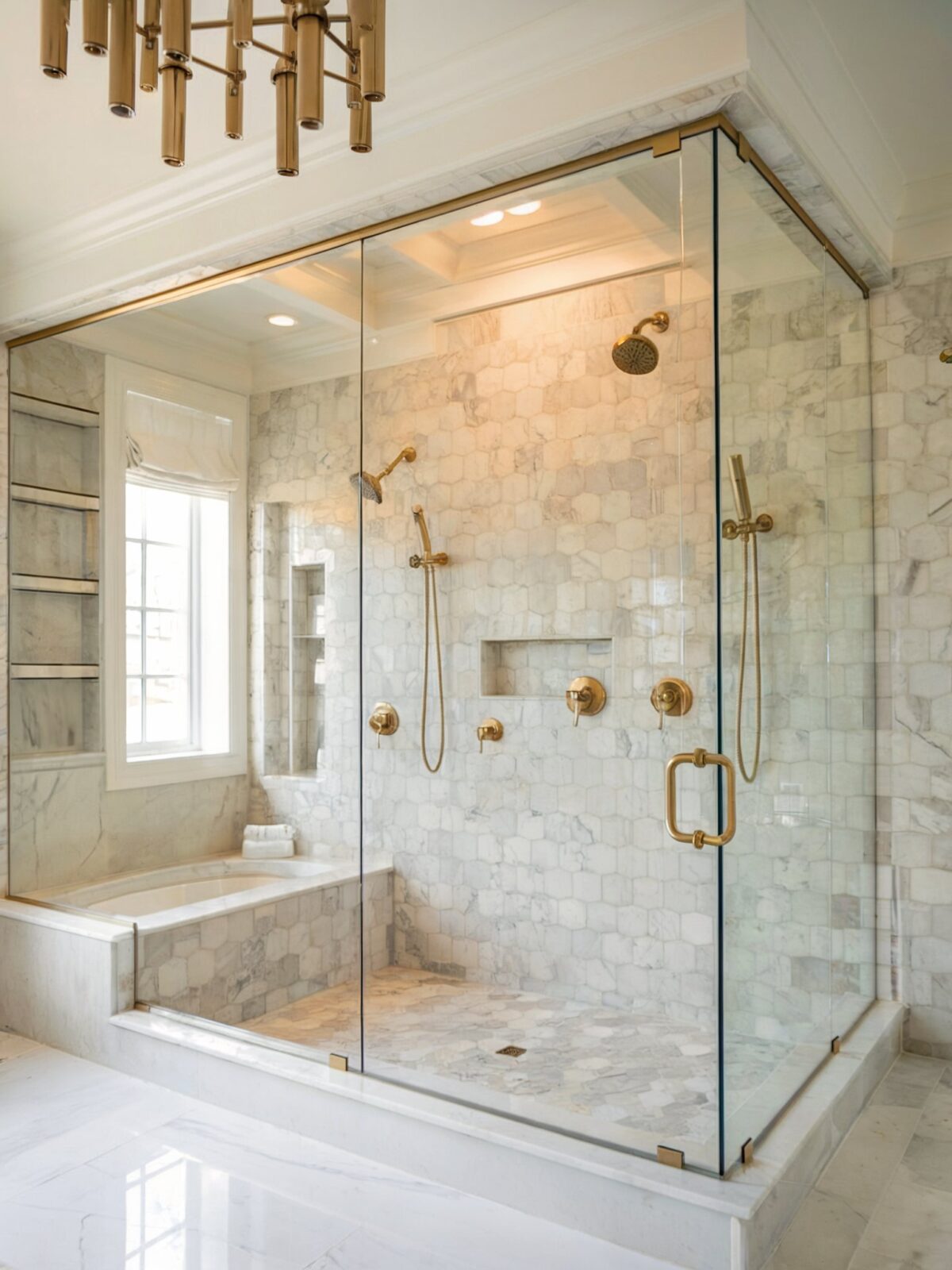 rich bathroom luxury tile adorned with rich luxurious hexagonal marbletiles in varying shades of white and gray