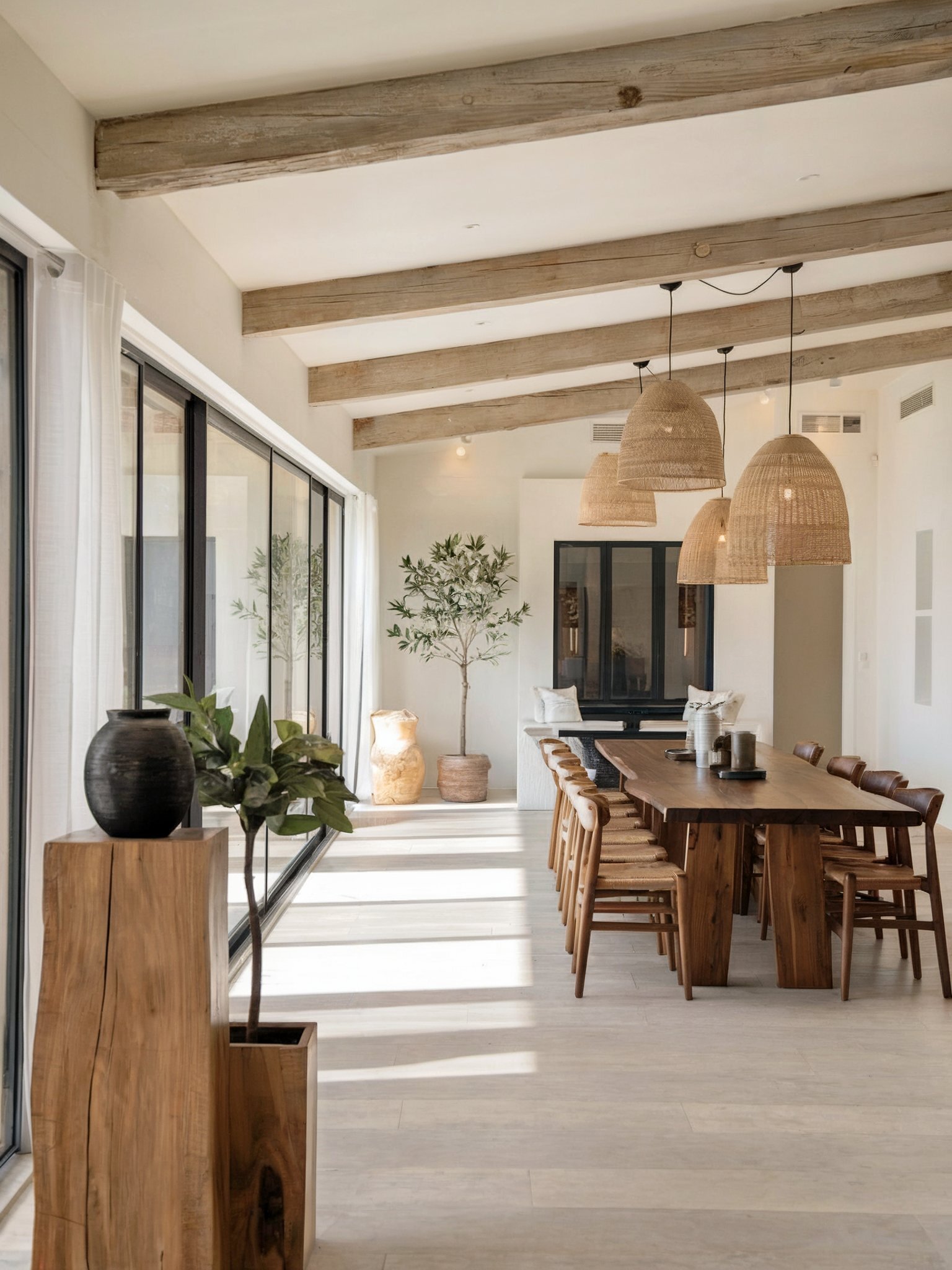 scandinavian boho dining room decor brown wooden tables white walls