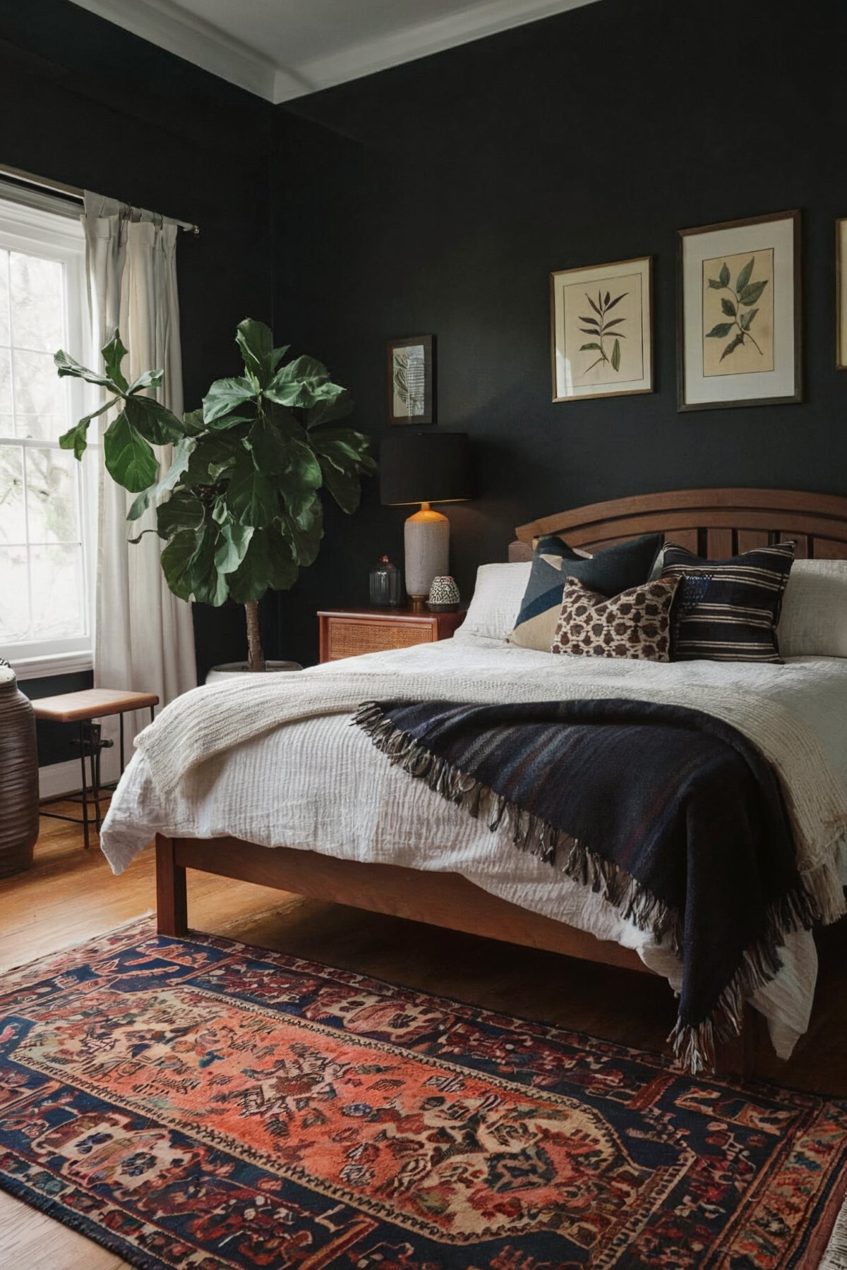 small bedroom ideas black and white boho rich shade of dark walls, bed and window with white linens and white curtains