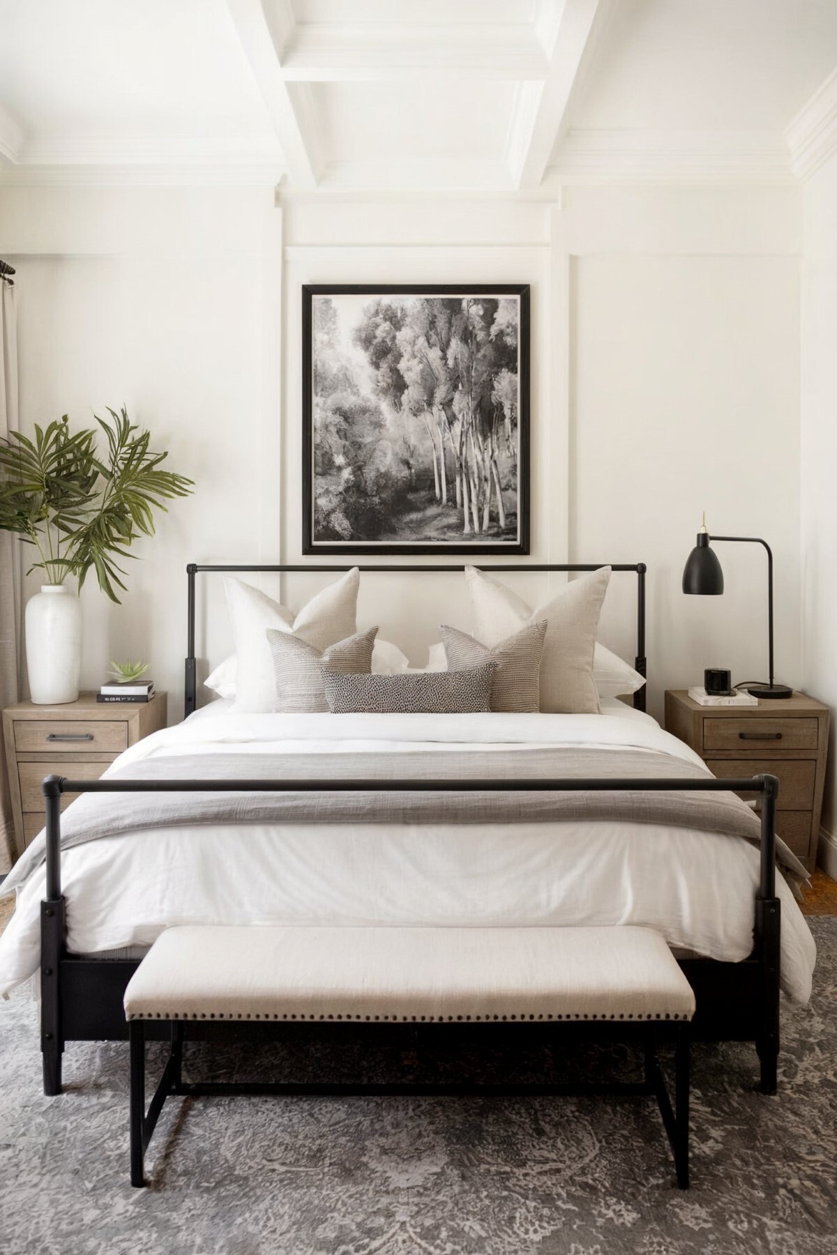 small boho bedroom aesthetic white bedroom setting with floor adorned with a gray patterned rug