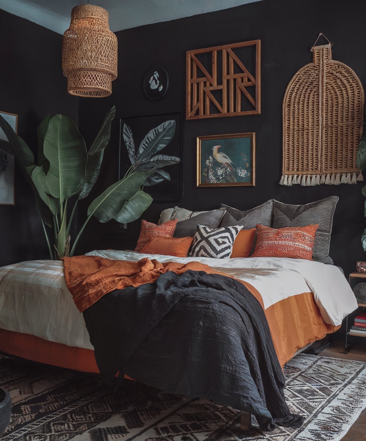 small boho bedroom black black walls, white and orange bedding, adorned with various patterned pillows