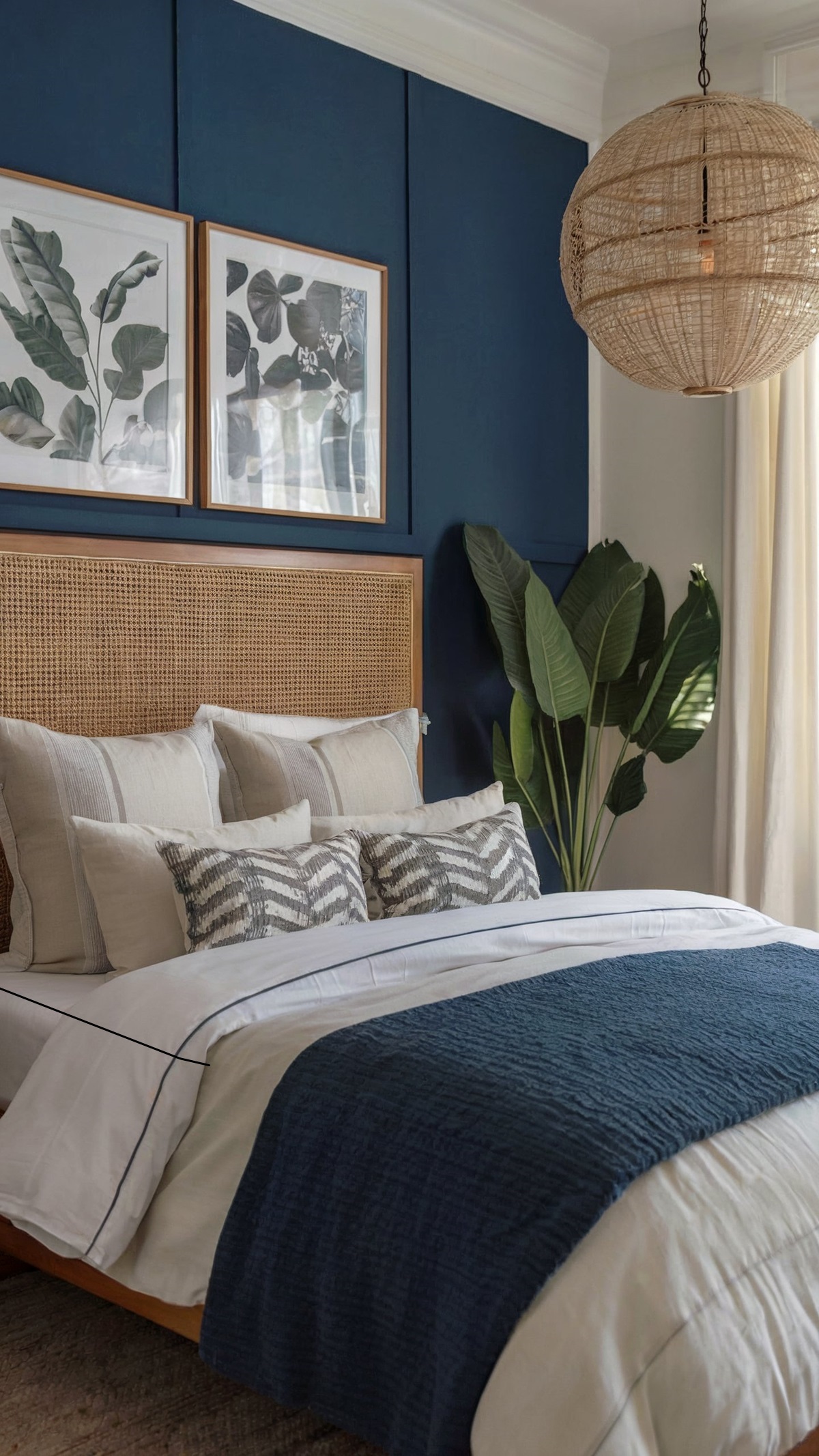 small boho bedroom blue bedroom with deep blue accent wall, white and blue bedding