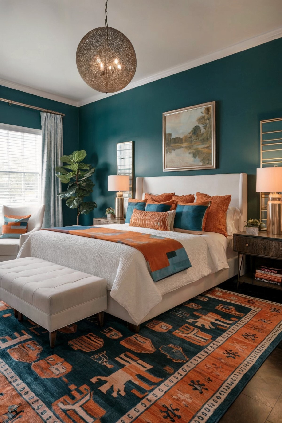 small boho bedroom colorful well decorated bedroom featuring bed with white sheets and blanket, orange and blue pillows