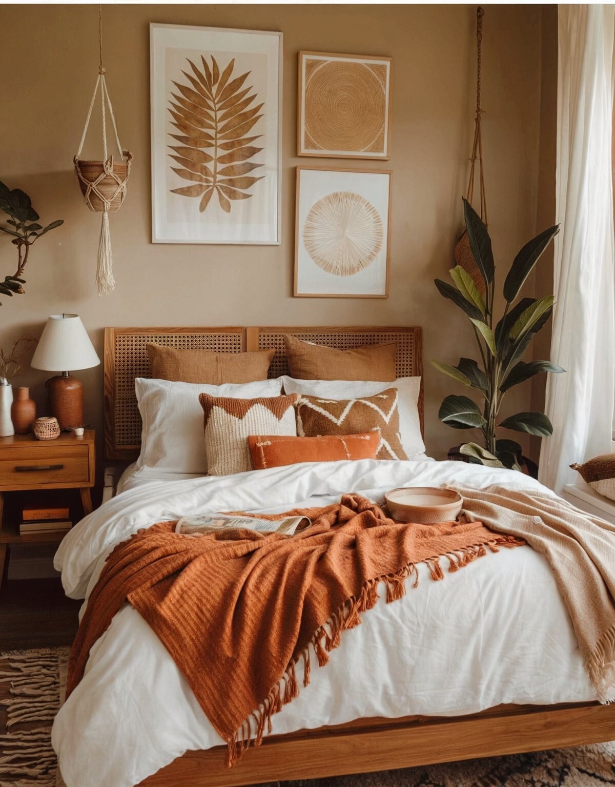 small boho bedroom decor ideas room walls painted in a muted beige decorated with an orange blanket