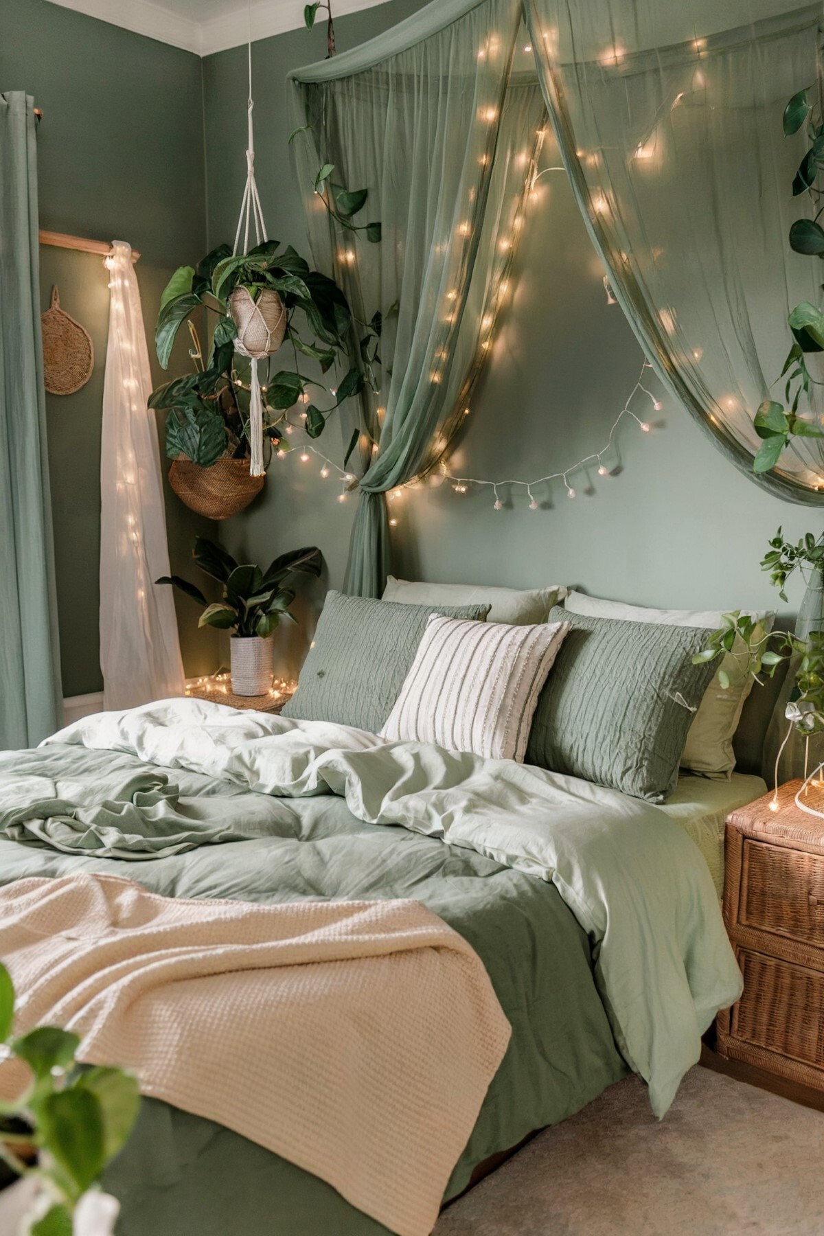 small boho bedroom green bedroom with muted green wall color featuring green and white beddings