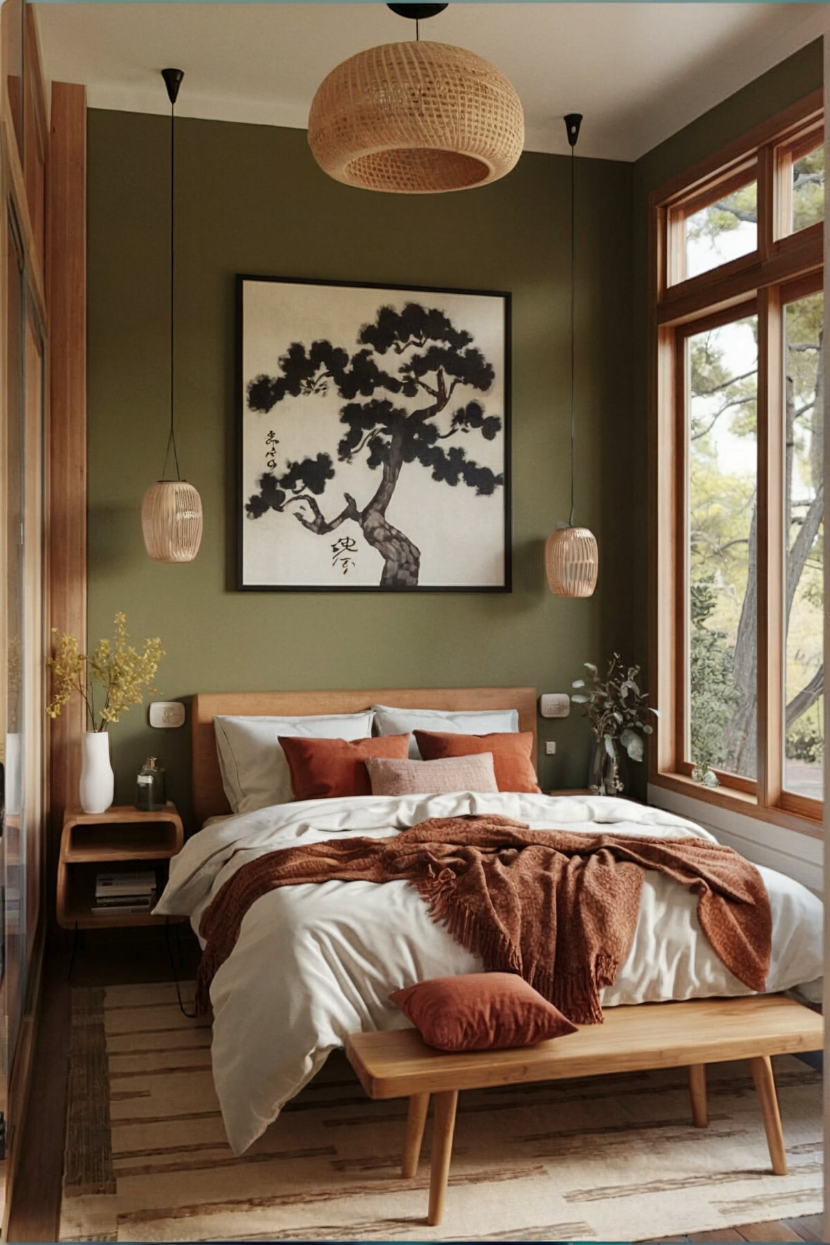 small boho bedroom on a budget bedroom with white sheets, rust colored pillows, large windows for natural light
