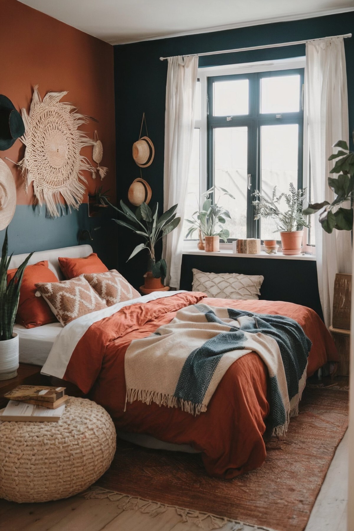 small couple bedroom ideas boho bedroom with rich color palettes of deep blue wall, rust orange bedspread, and white accents