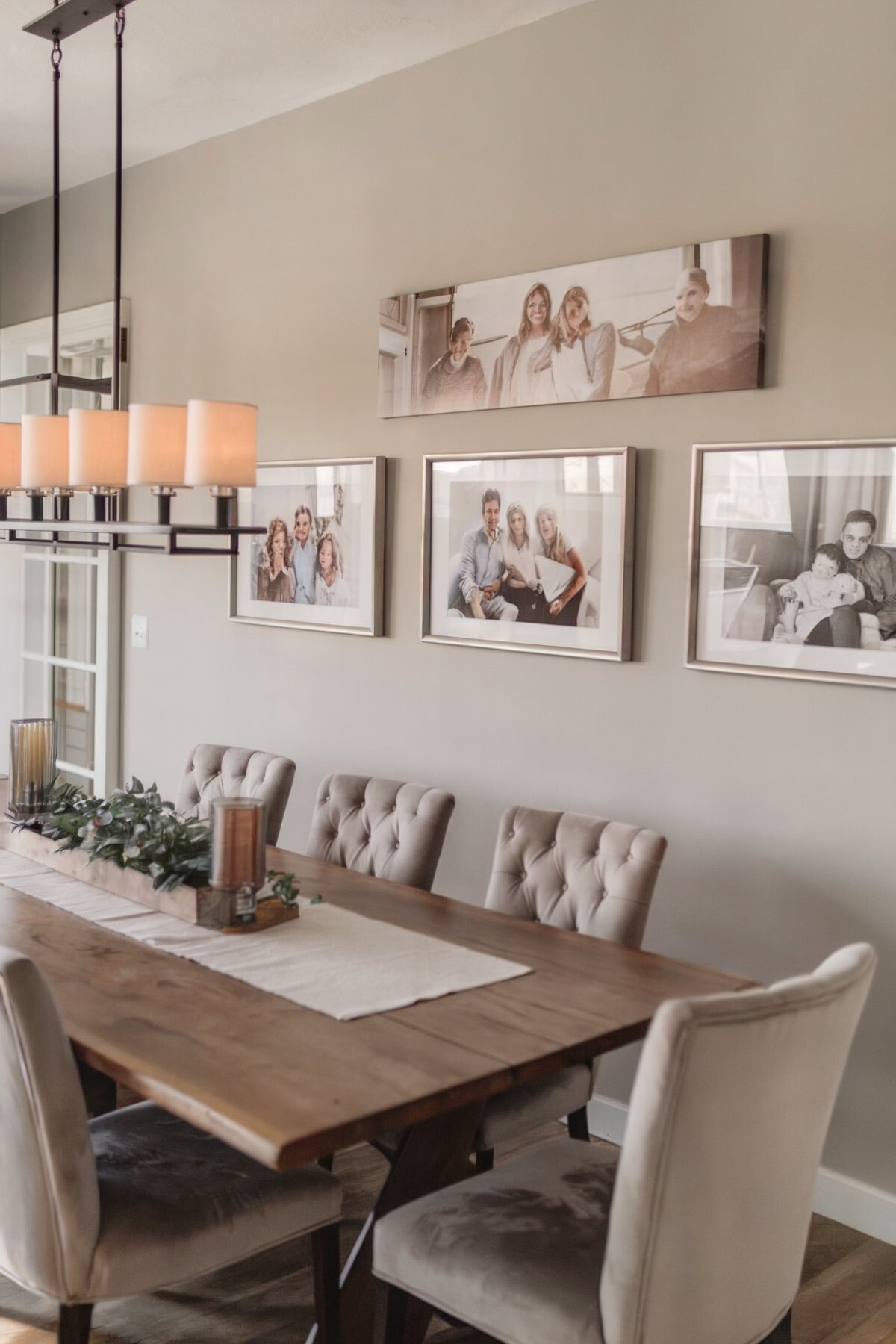 small dining room wall decor minimalist dining area with plush gray chairs and rectangular chandelier with multiple lampshades