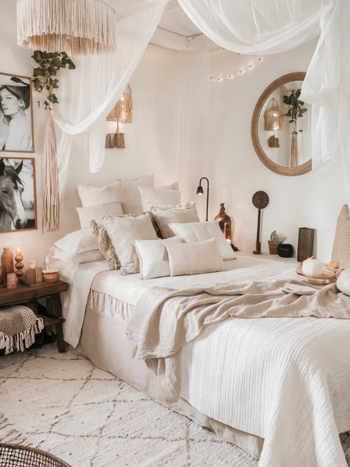 small girls bedroom ideas boho cozy bedroom with bed having white and beige bedspread and multiple pillows