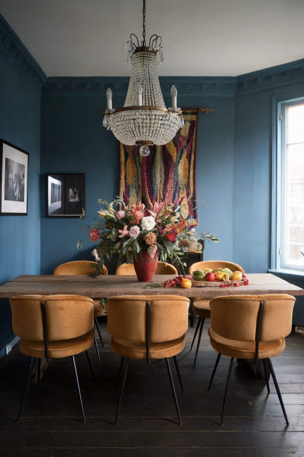 traditional eclectic dining room ideas yellow chairs vintage blue wall