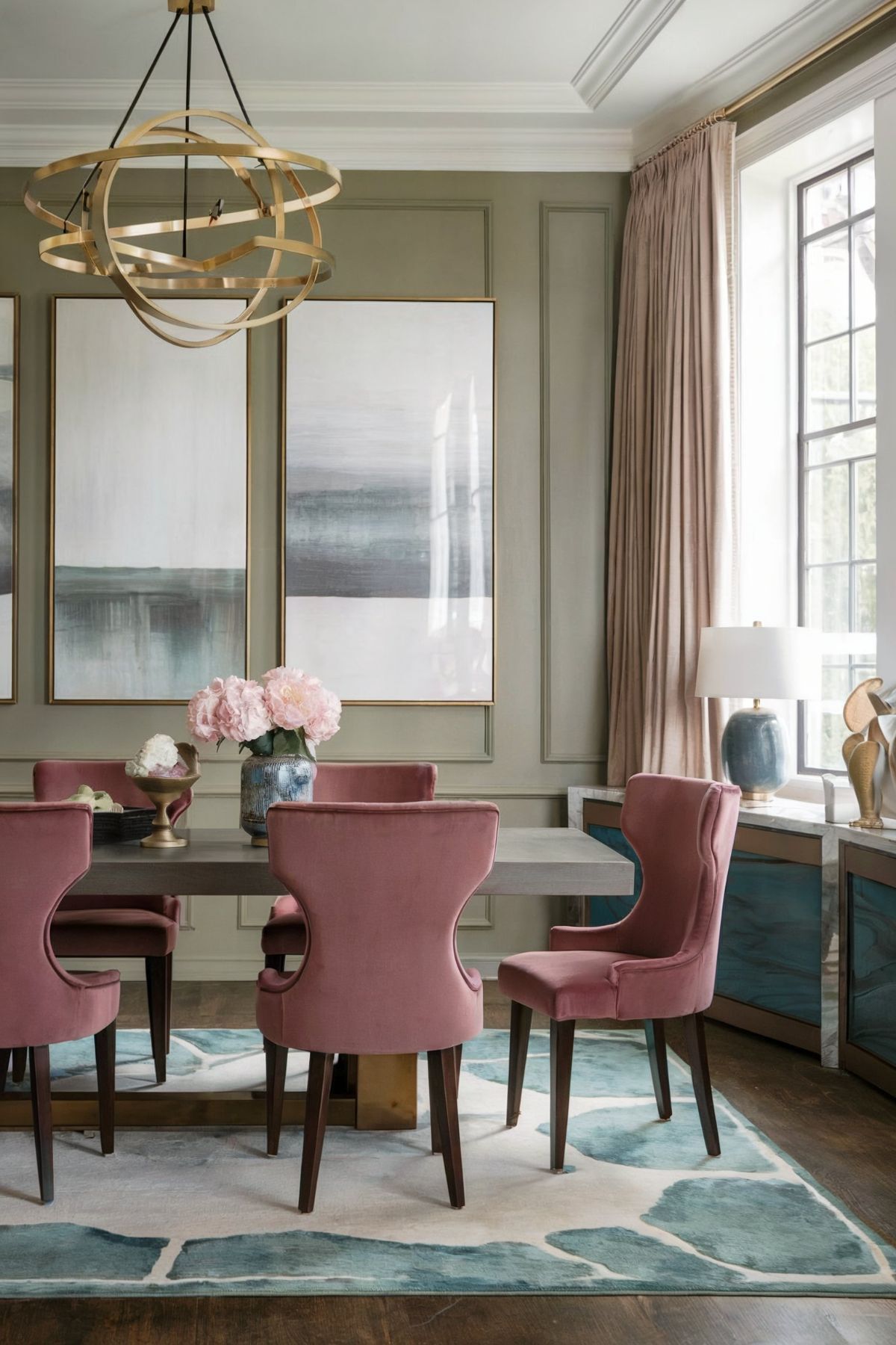 unique dining room ideas modern pink chairs pink flower vase