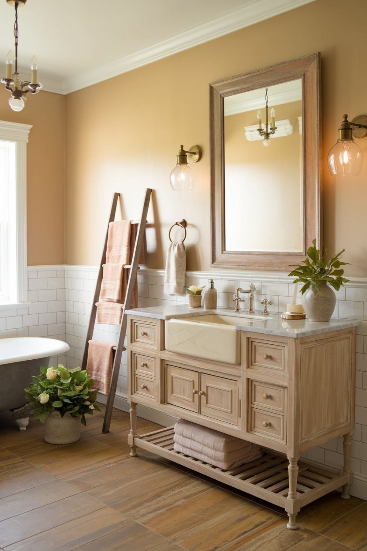 warm and neutral farmhouse bathroom
