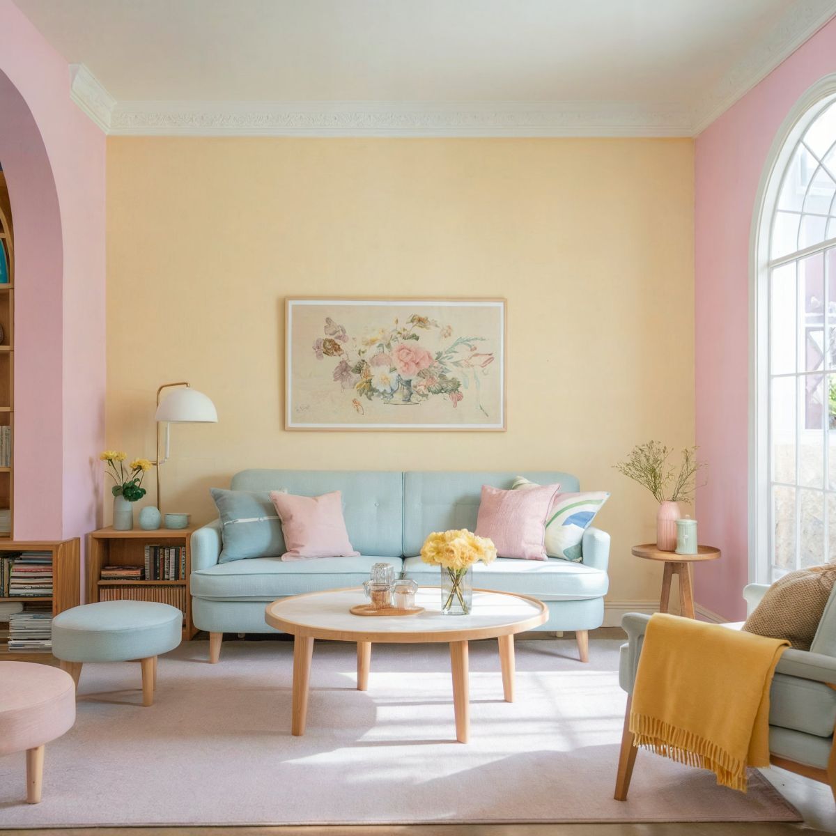 yellow minimalist living room ideas soft pink and light yellow blue sofa