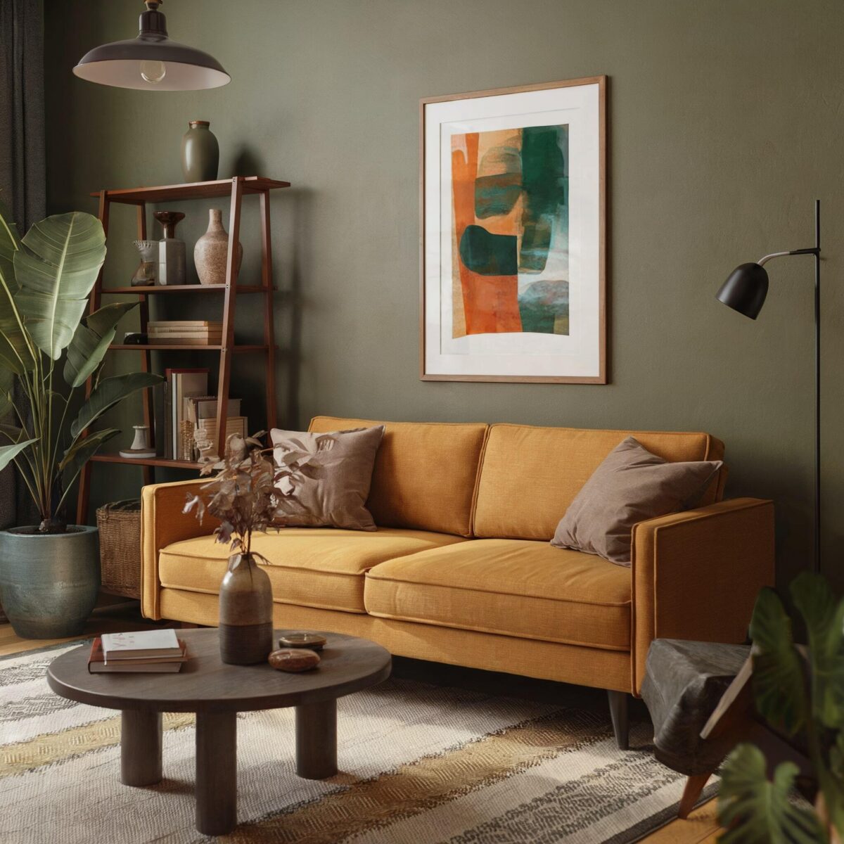 yellow sofa living room ideas eclectic dark wall brown table