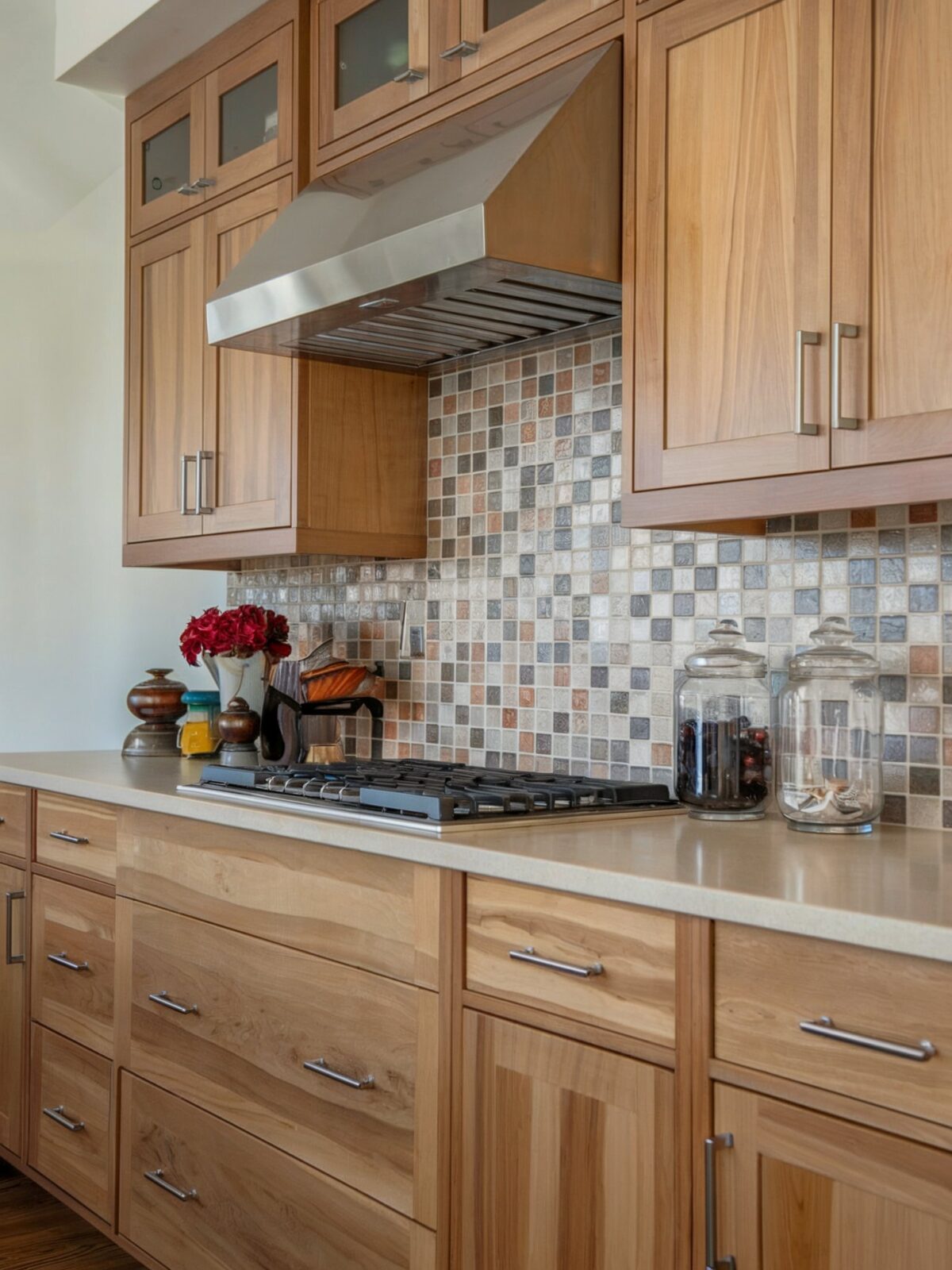 a kitchen backsplash with maple cabinets ideas